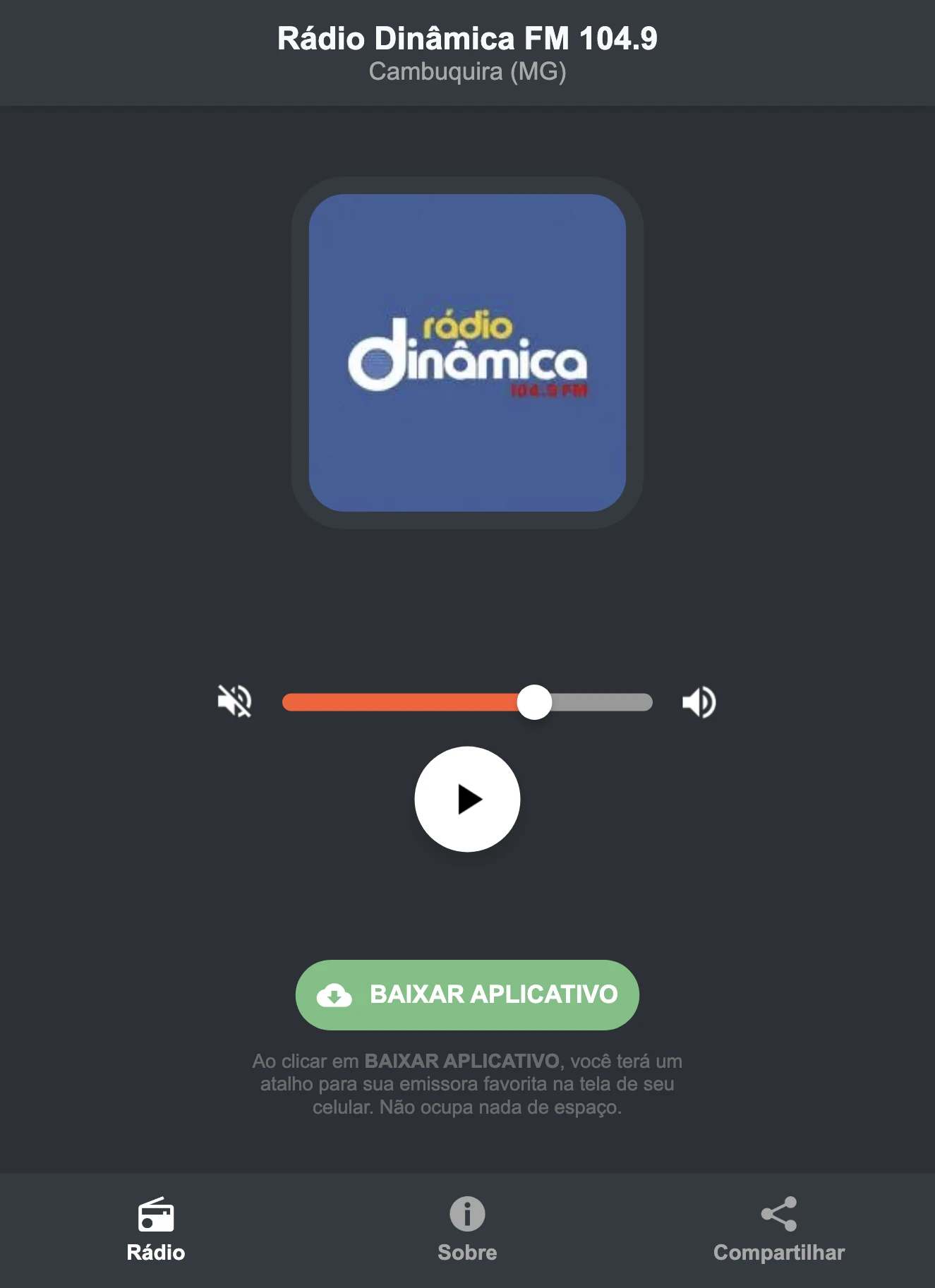 Screenshot do aplicativo da Rádio Dinâmica FM 104.9