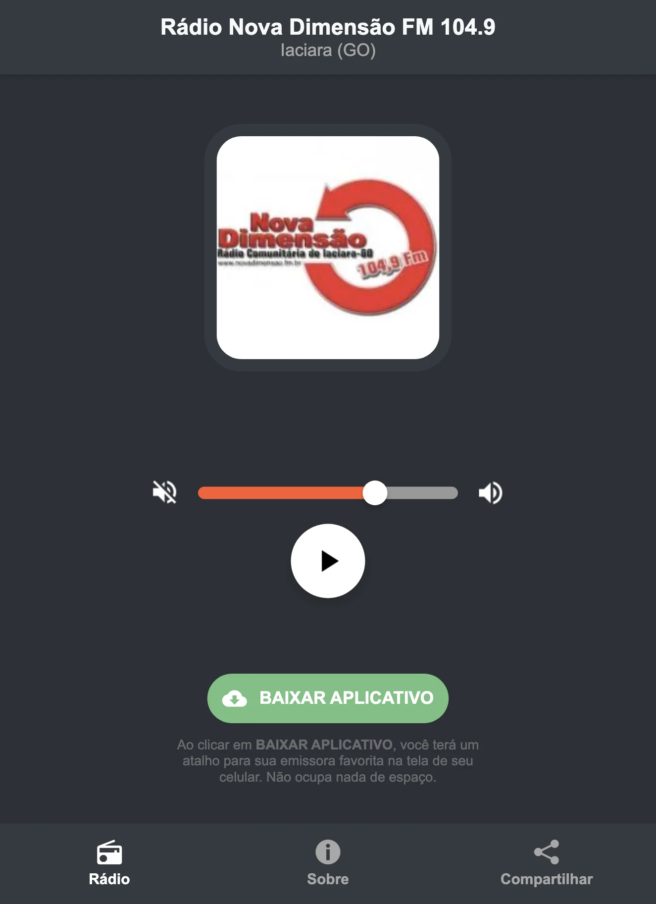 Screenshot do aplicativo da Rádio Nova Dimensão FM 104.9