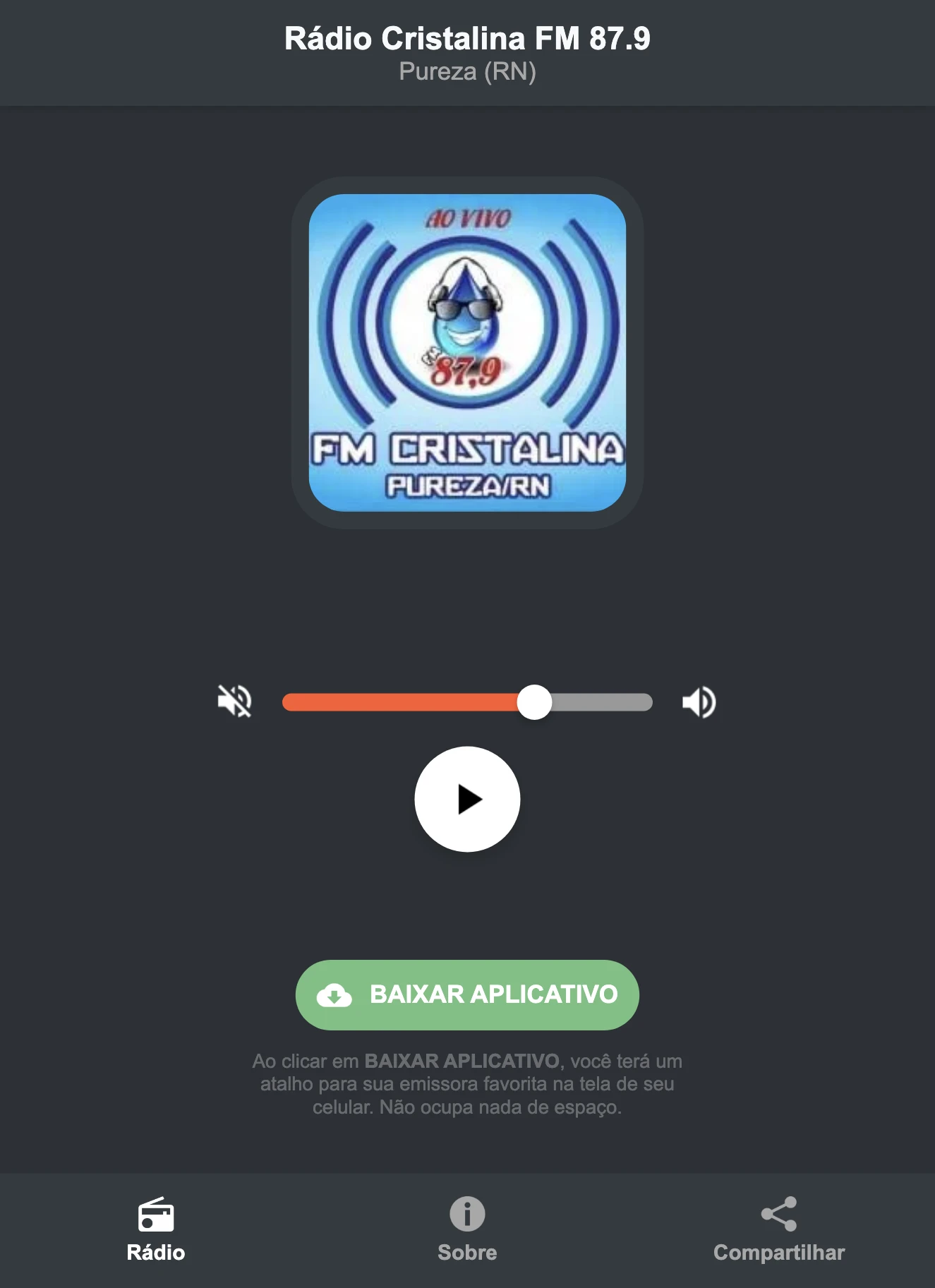 Screenshot do aplicativo da Rádio Cristalina FM 87.9