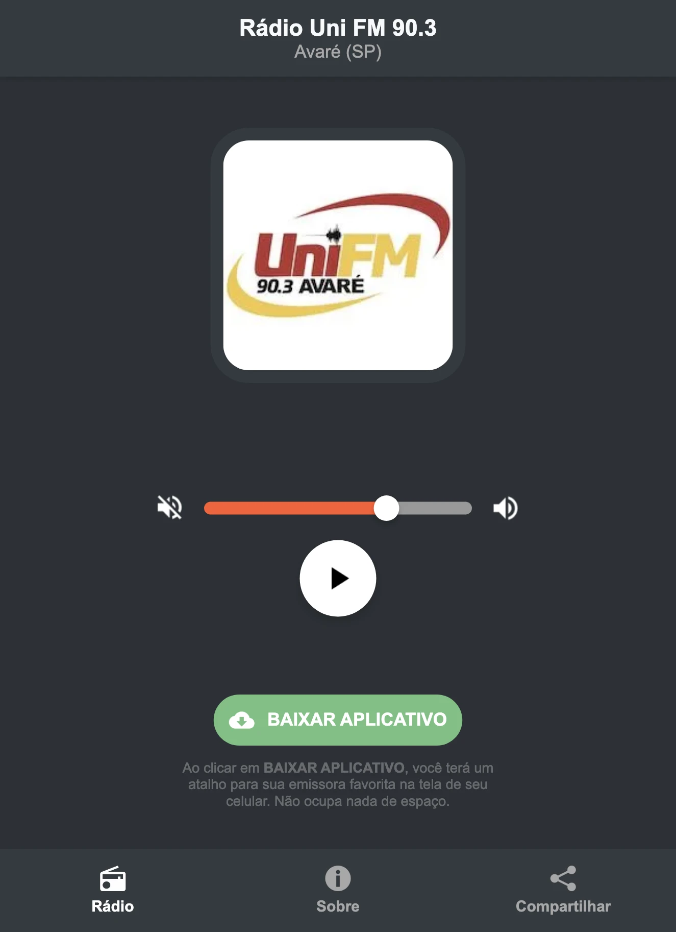 Screenshot do aplicativo da Rádio Uni FM 90.3