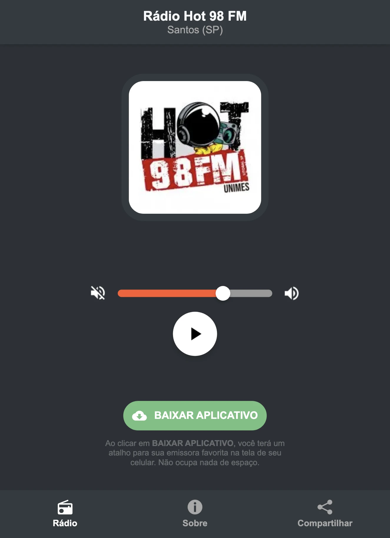 Screenshot do aplicativo da Rádio Hot 98 FM