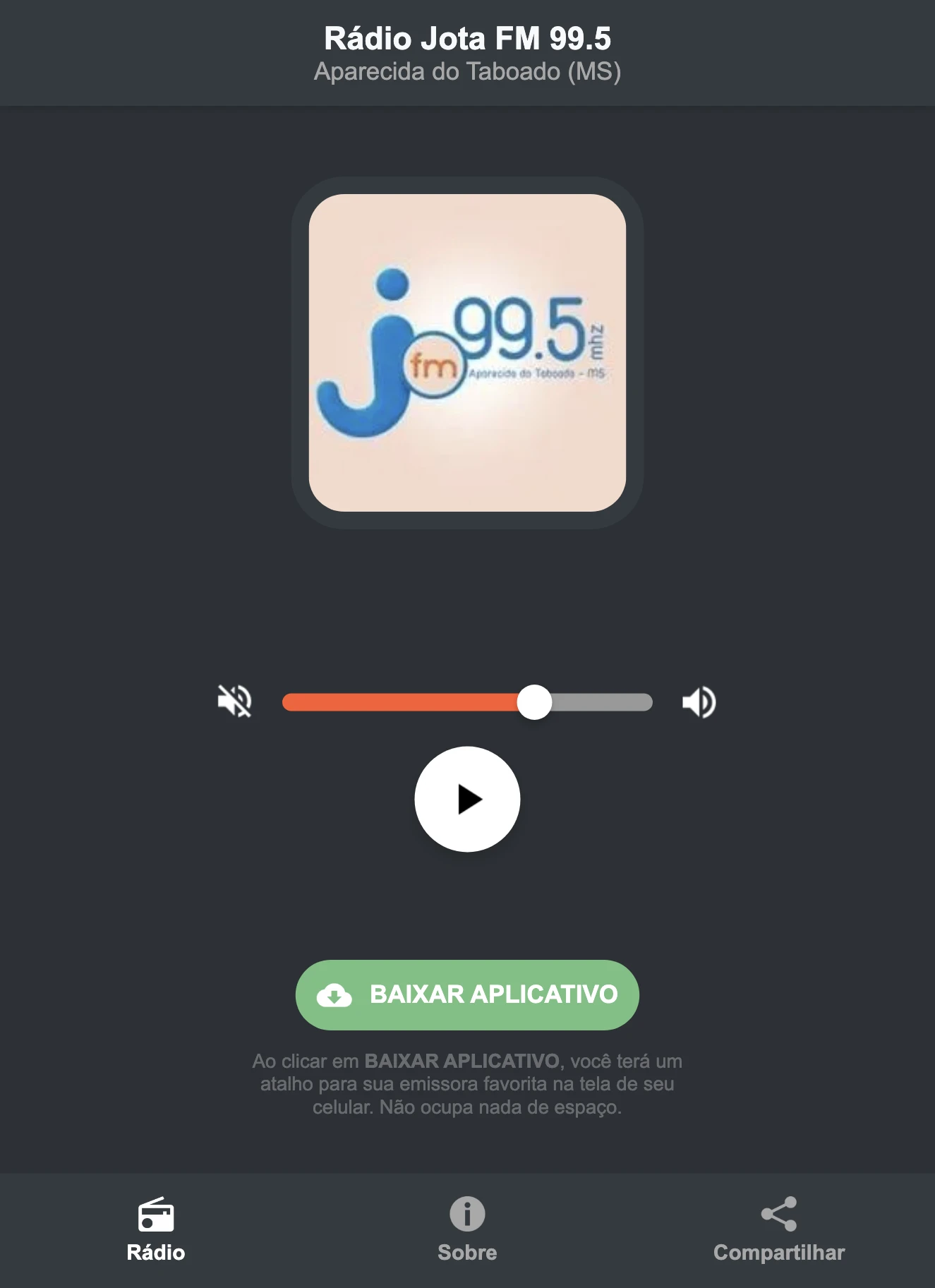 Screenshot do aplicativo da Rádio Jota FM 99.5