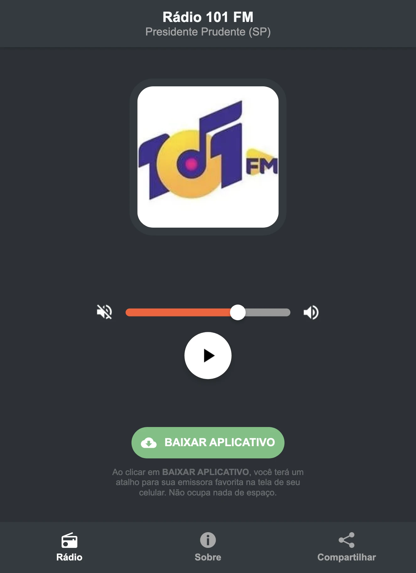 Screenshot do aplicativo da Rádio 101 FM