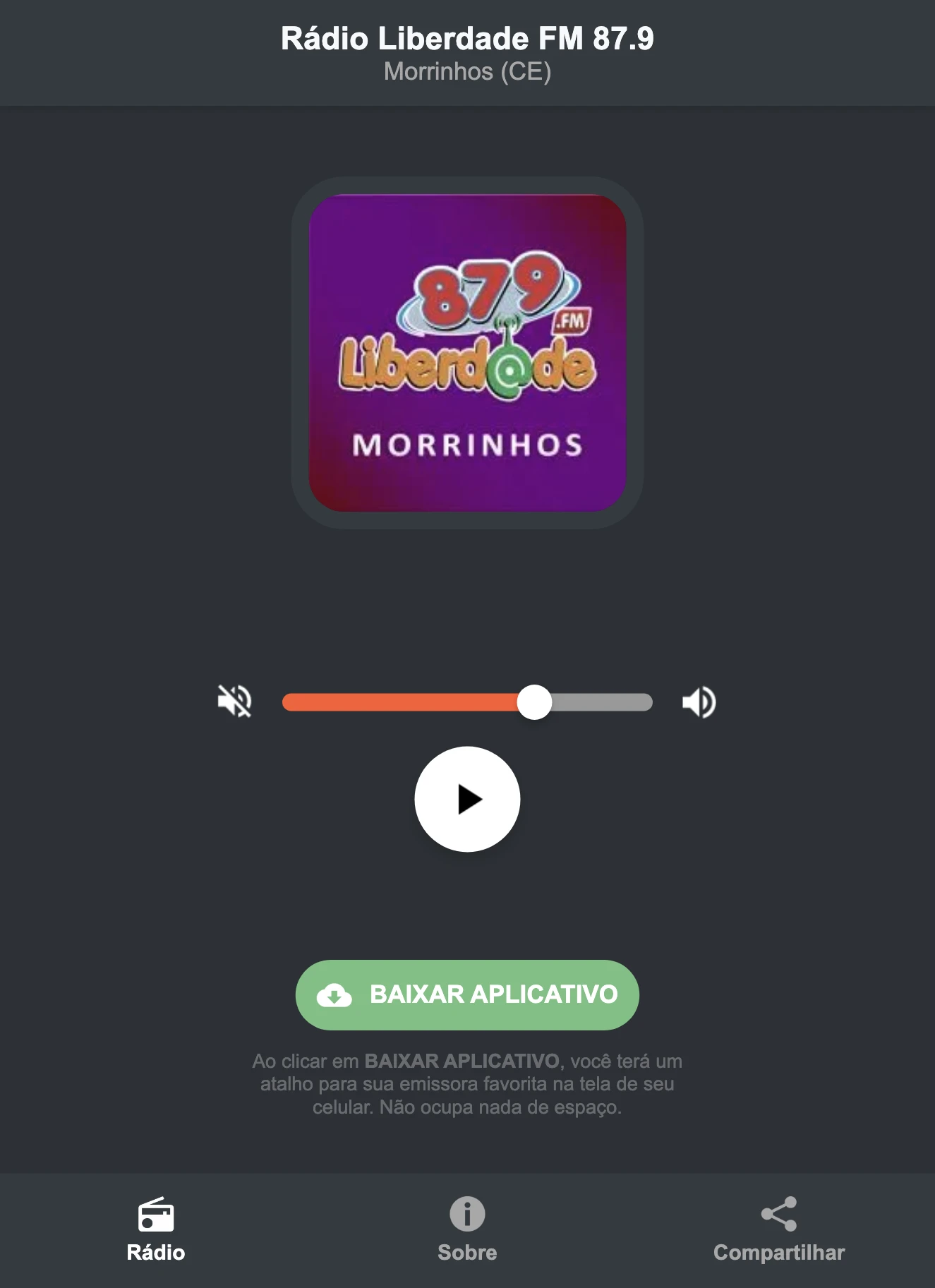Screenshot do aplicativo da Rádio Liberdade FM 87.9