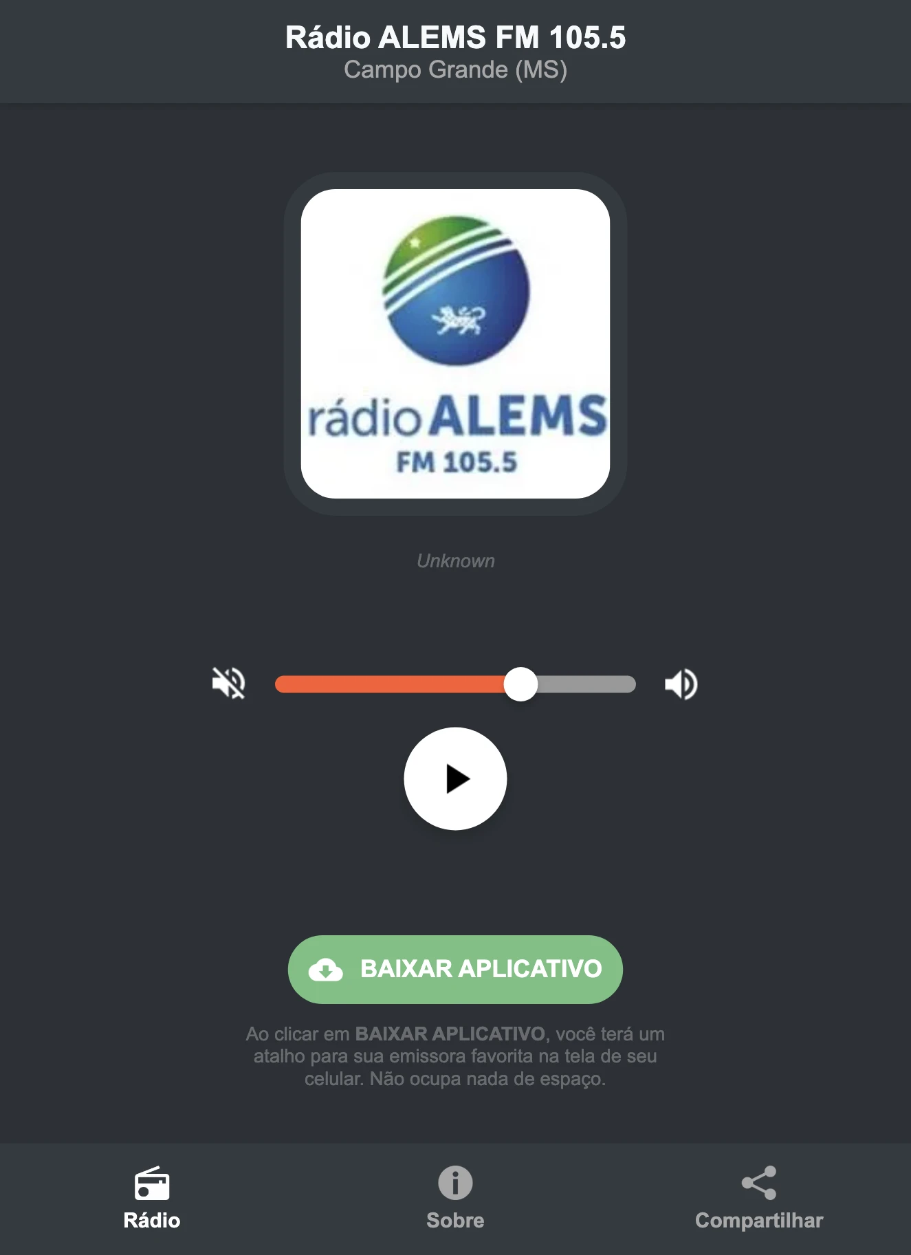 Screenshot do aplicativo da Rádio ALEMS FM 105.5
