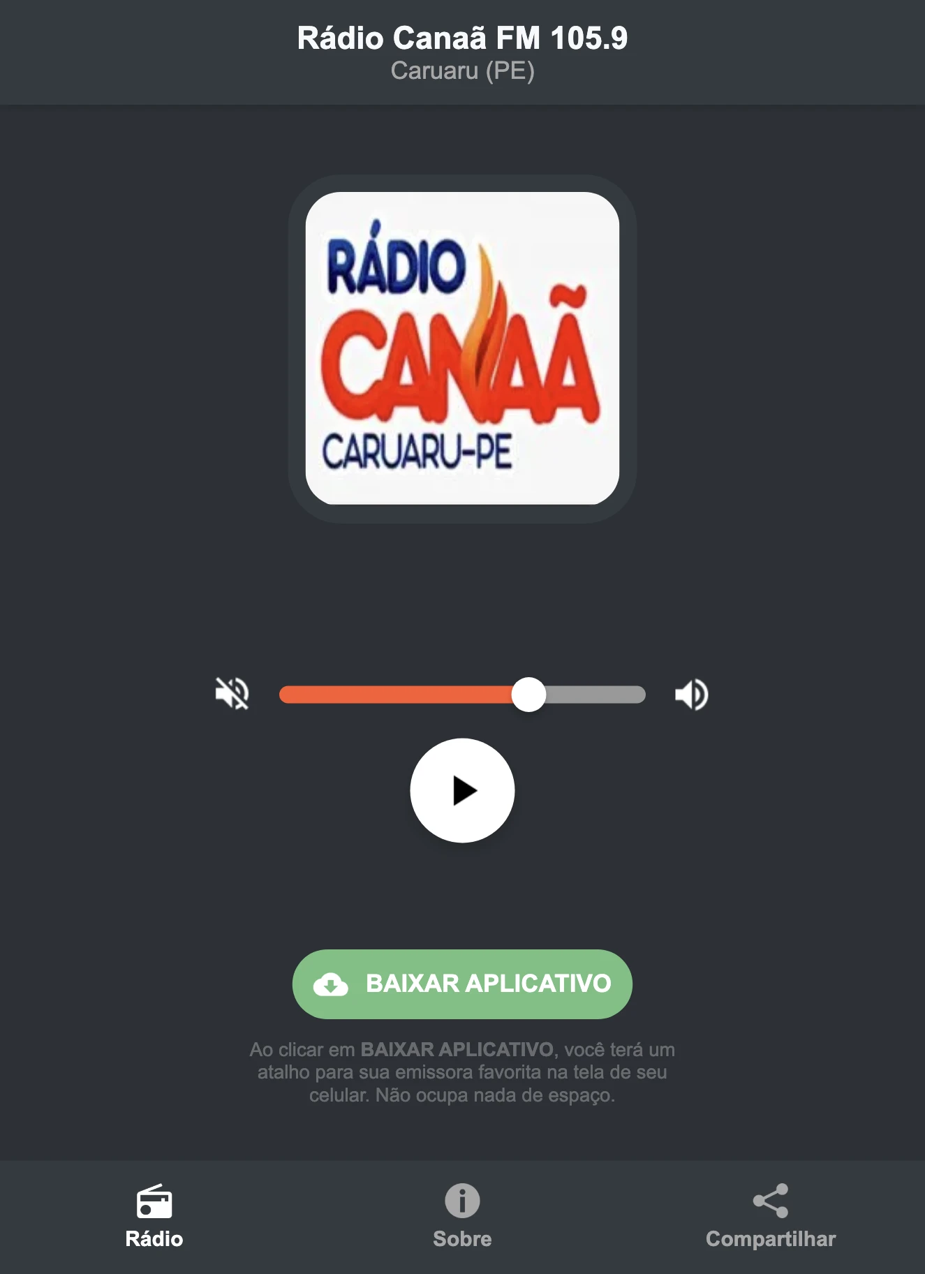 Screenshot do aplicativo da Rádio Canaã FM 105.9