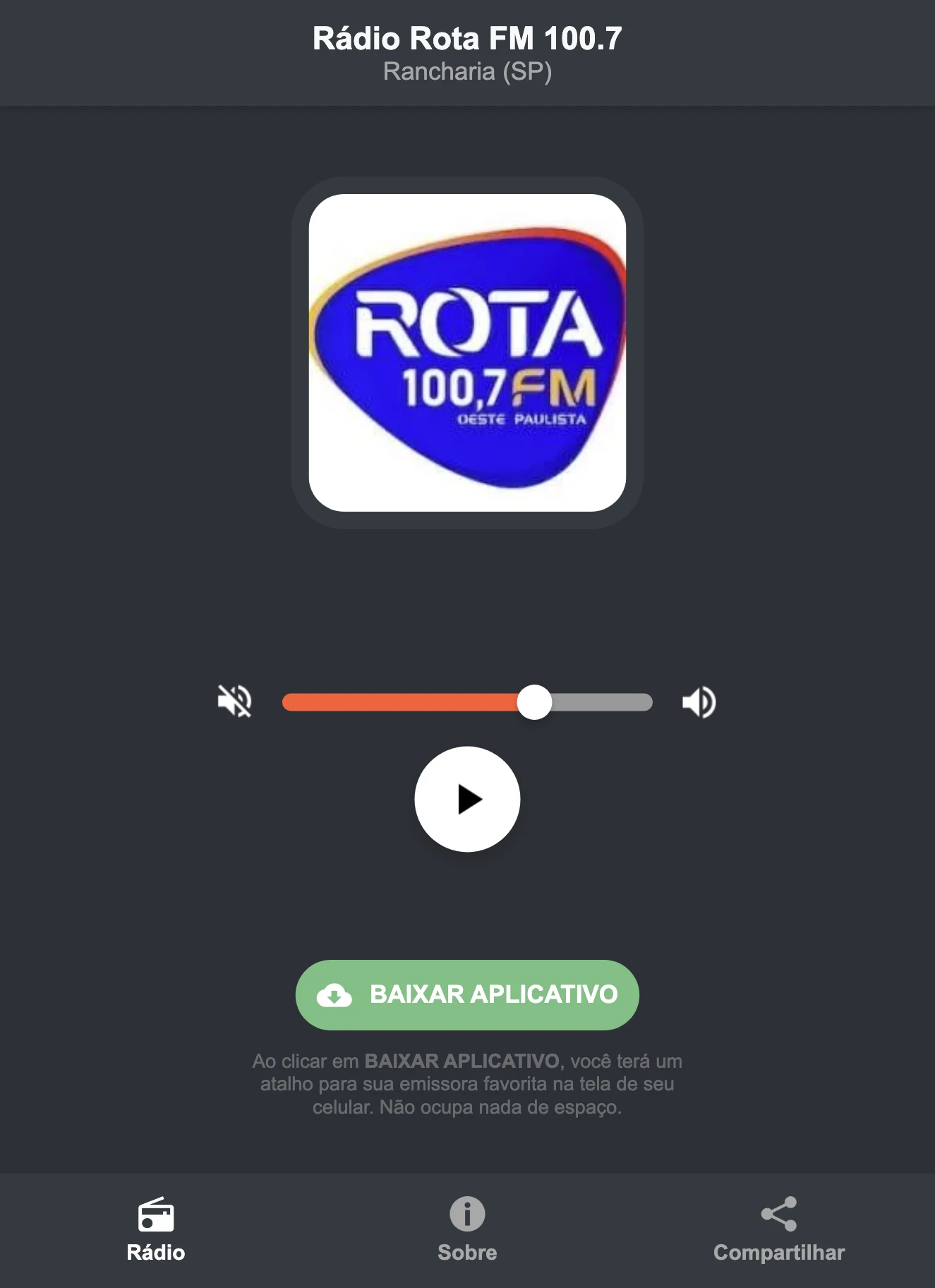 Screenshot do aplicativo da Rádio Rota FM 100.7