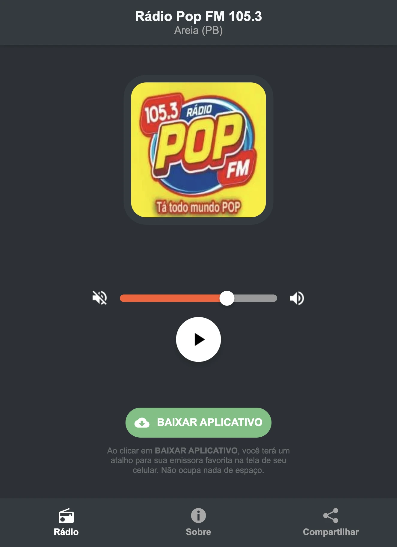 Screenshot do aplicativo da Rádio Pop FM 105.3