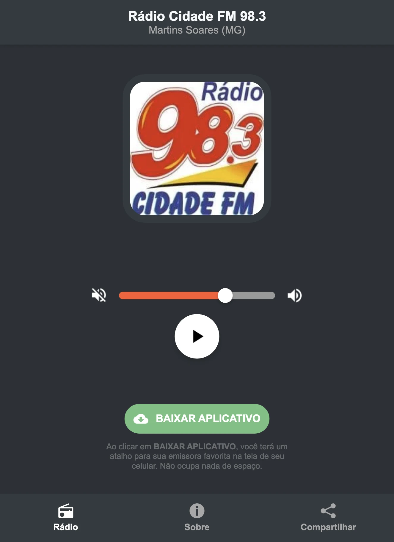 Screenshot do aplicativo da Rádio Cidade FM 98.3