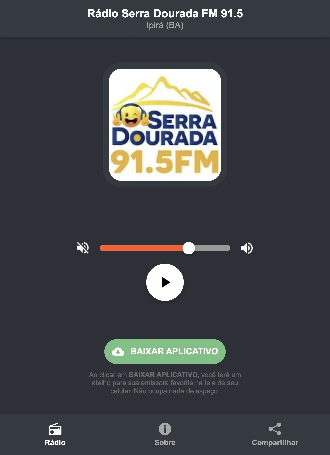 Screenshot do aplicativo da Rádio Serra Dourada FM 91.5