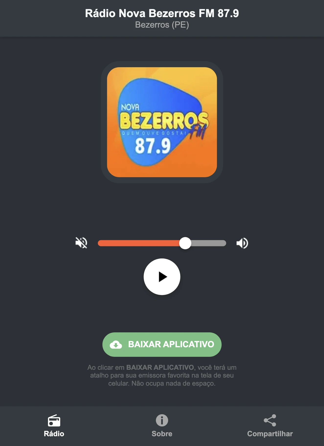 Screenshot do aplicativo da Rádio Nova Bezerros FM 87.9