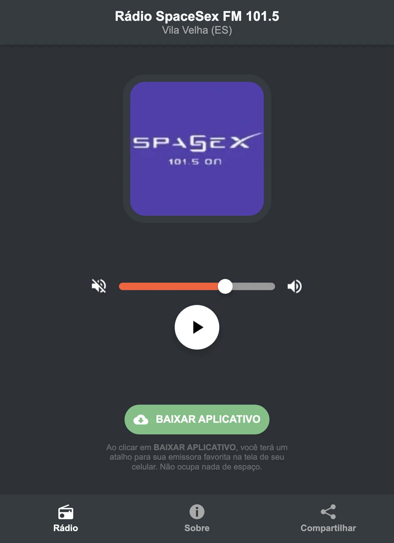 Screenshot do aplicativo da Rádio SpaceSex FM 101.5
