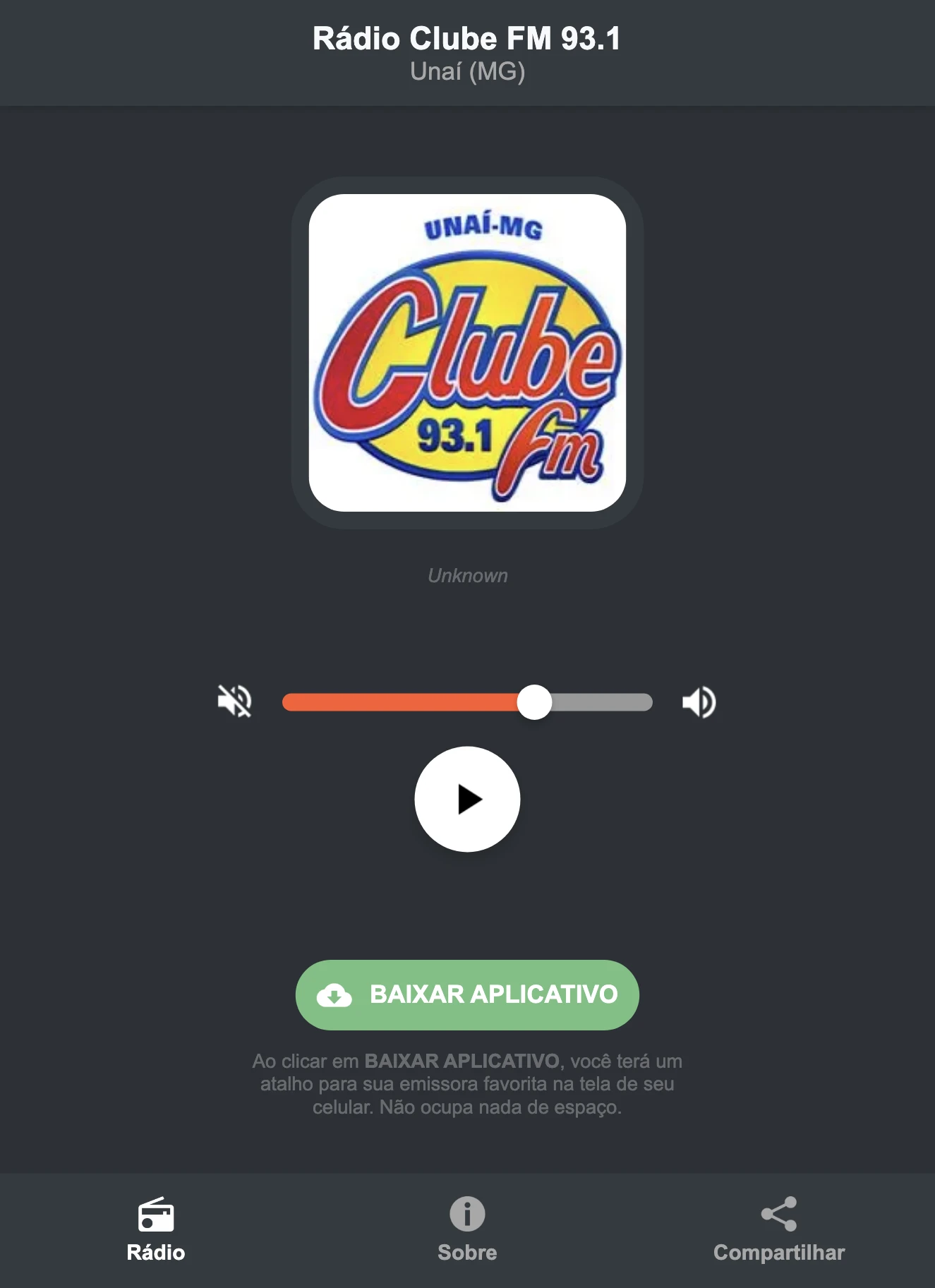 Screenshot do aplicativo da Rádio Clube FM 93.1