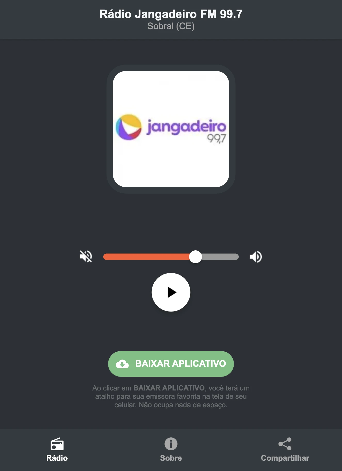 Screenshot do aplicativo da Rádio Jangadeiro FM 99.7