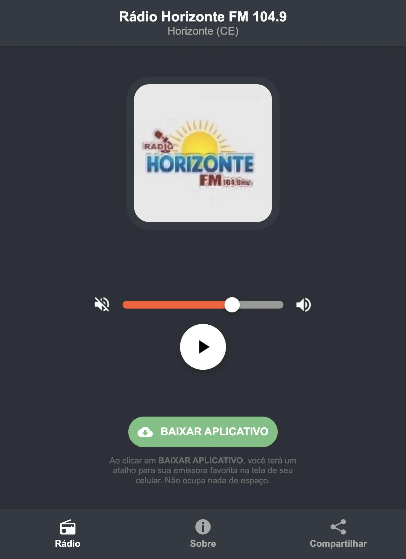 Screenshot do aplicativo da Rádio Horizonte FM 104.9