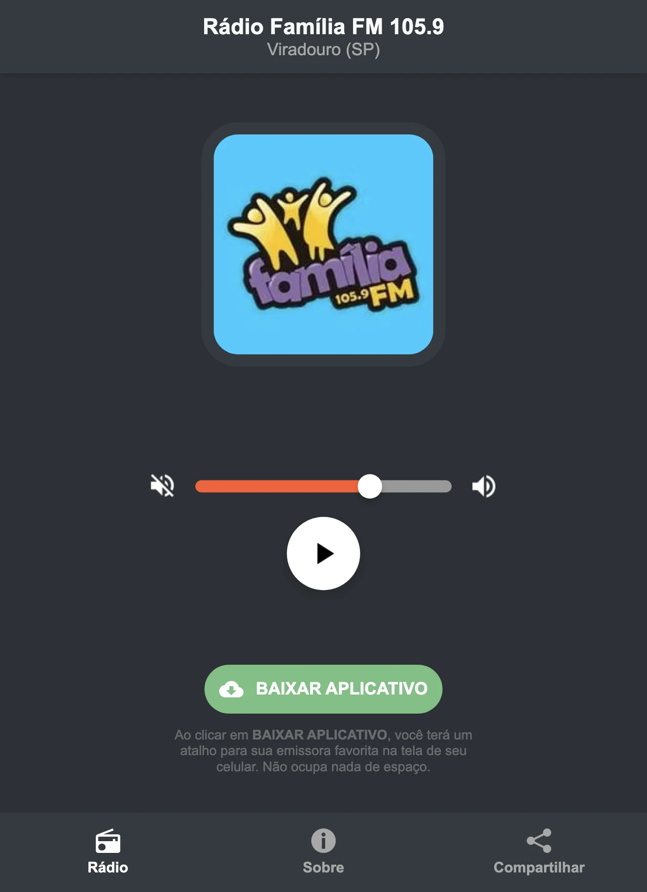Screenshot do aplicativo da Rádio Família FM 105.9