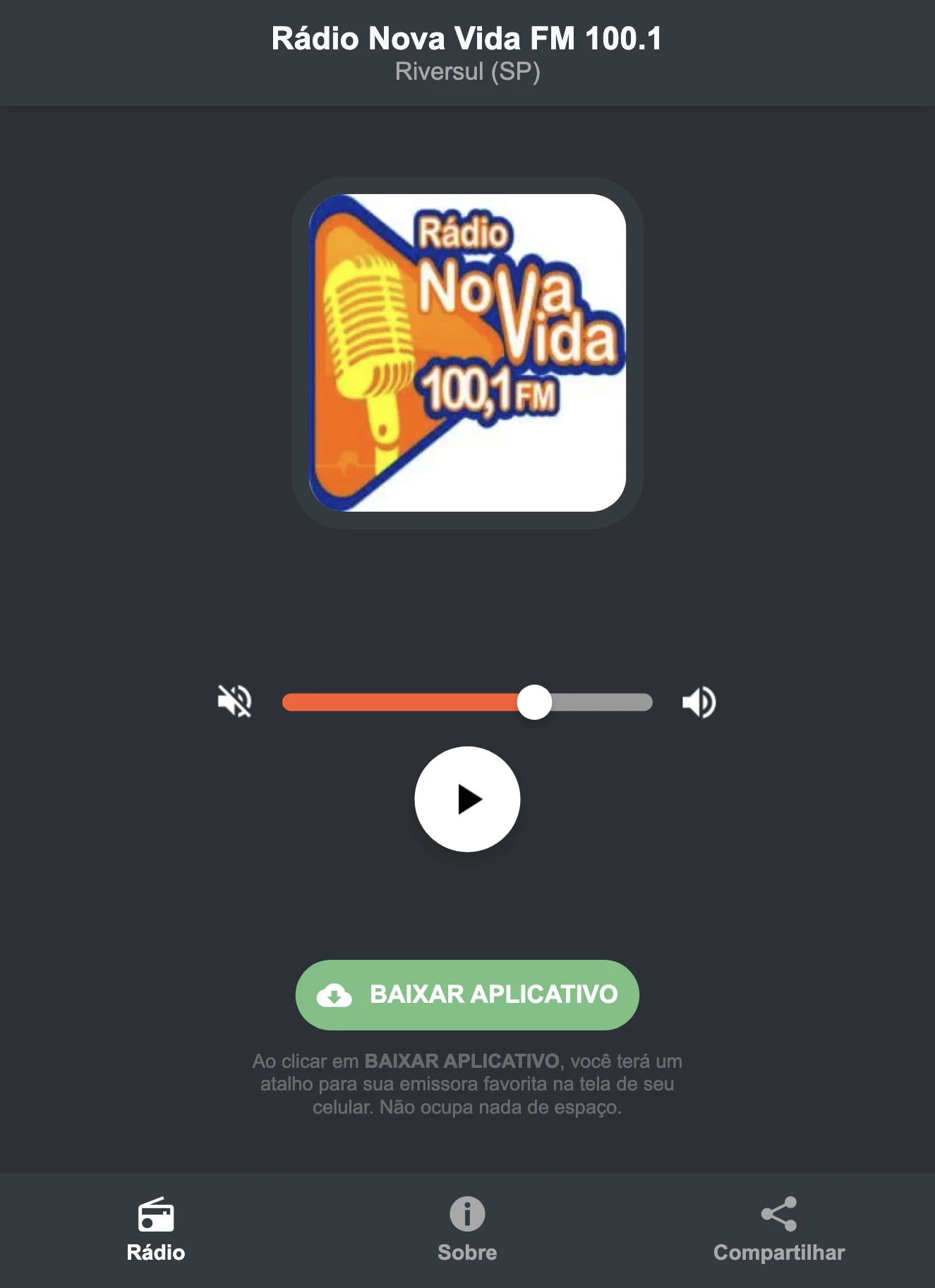 Screenshot do aplicativo da Rádio Nova Vida FM 100.1