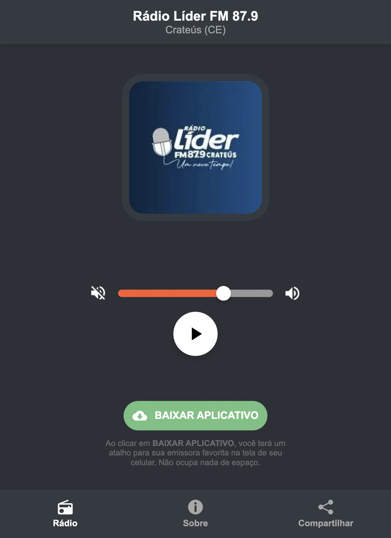 Screenshot do aplicativo da Rádio Líder FM 87.9