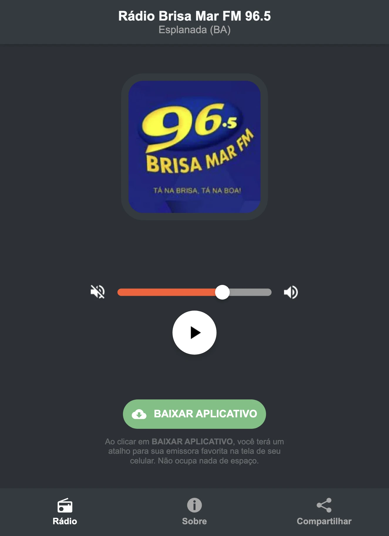 Screenshot do aplicativo da Rádio Brisa Mar FM 96.5