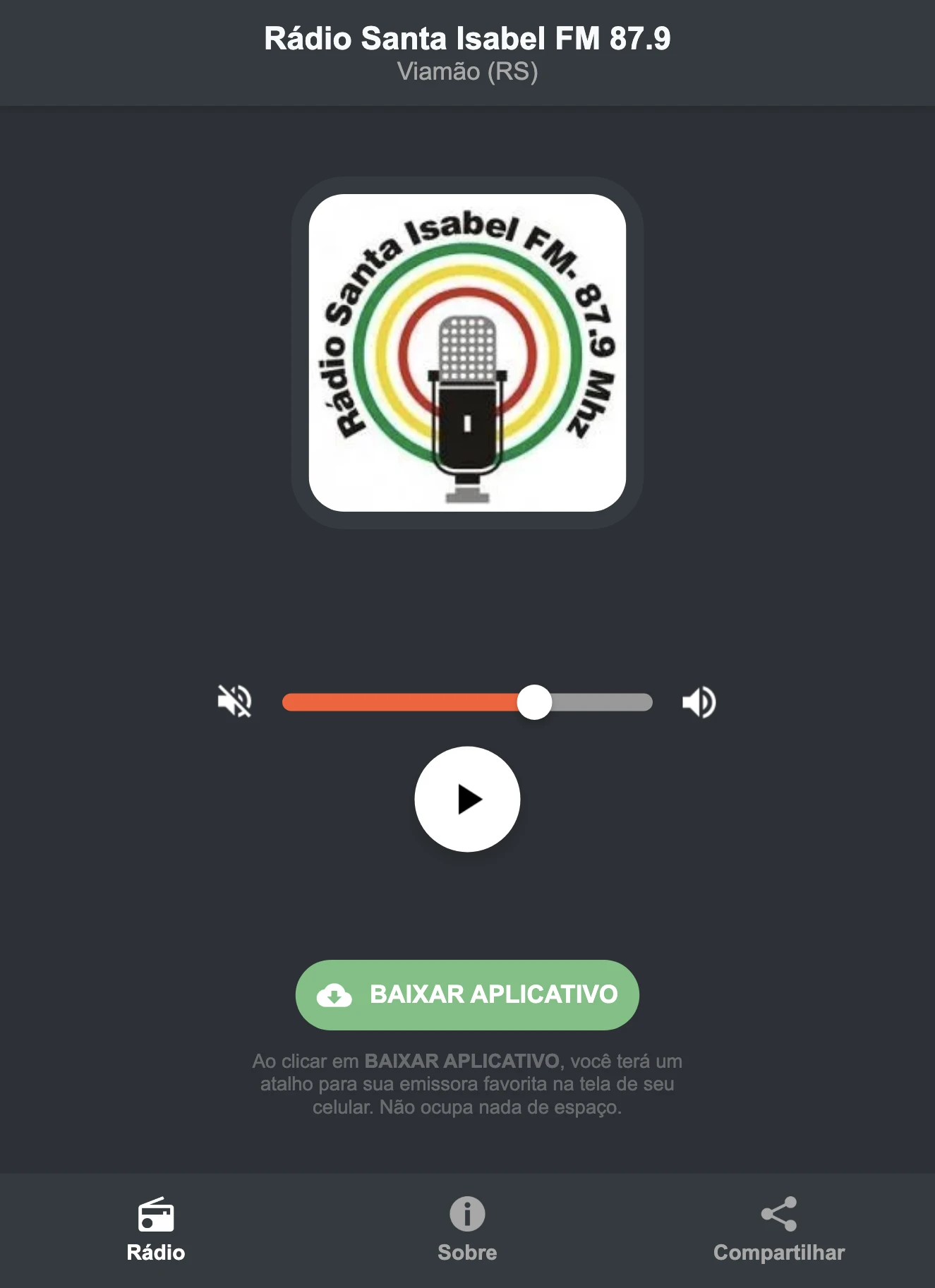 Screenshot do aplicativo da Rádio Santa Isabel FM 87.9