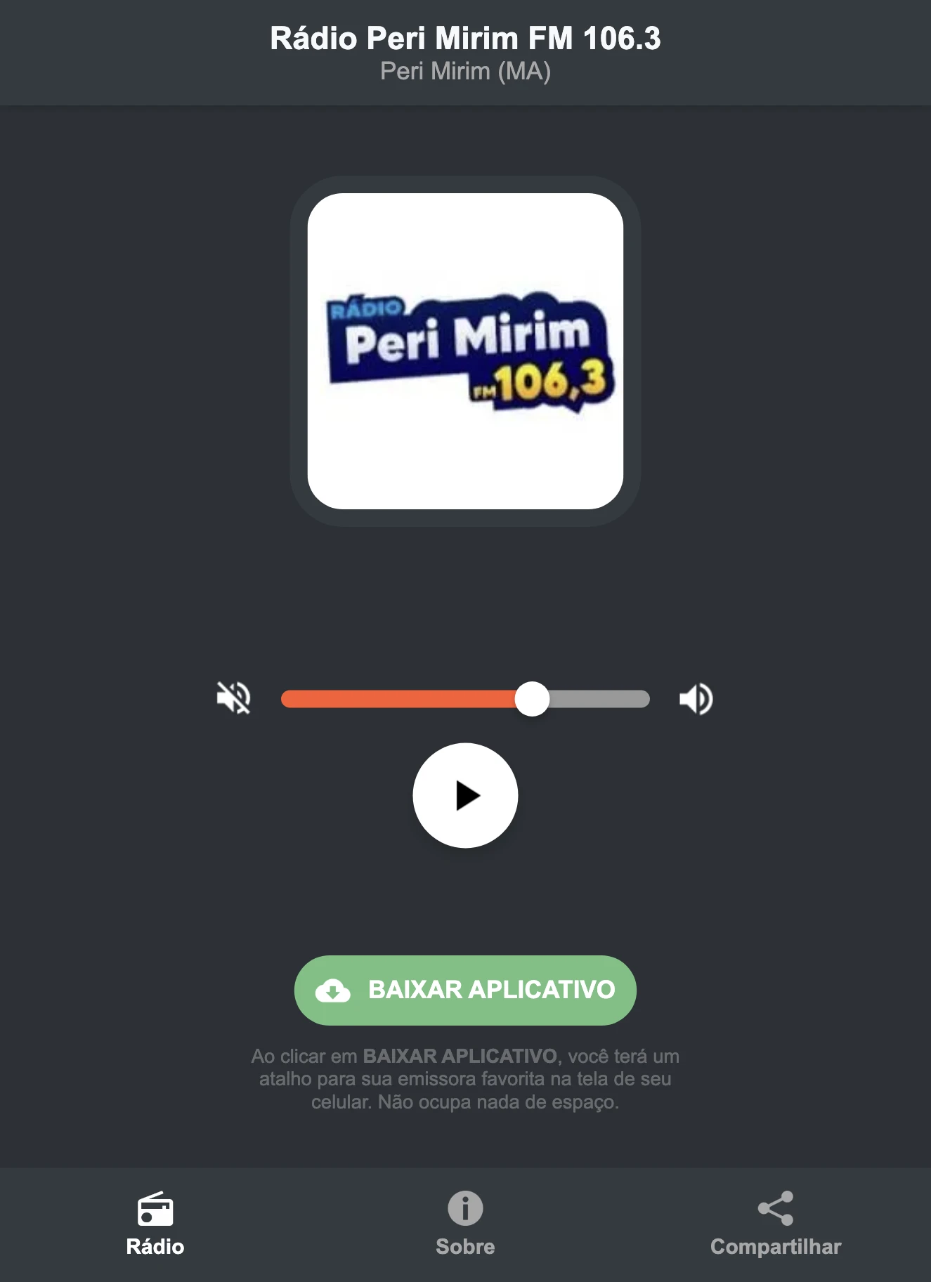 Screenshot do aplicativo da Rádio Peri Mirim FM 106.3