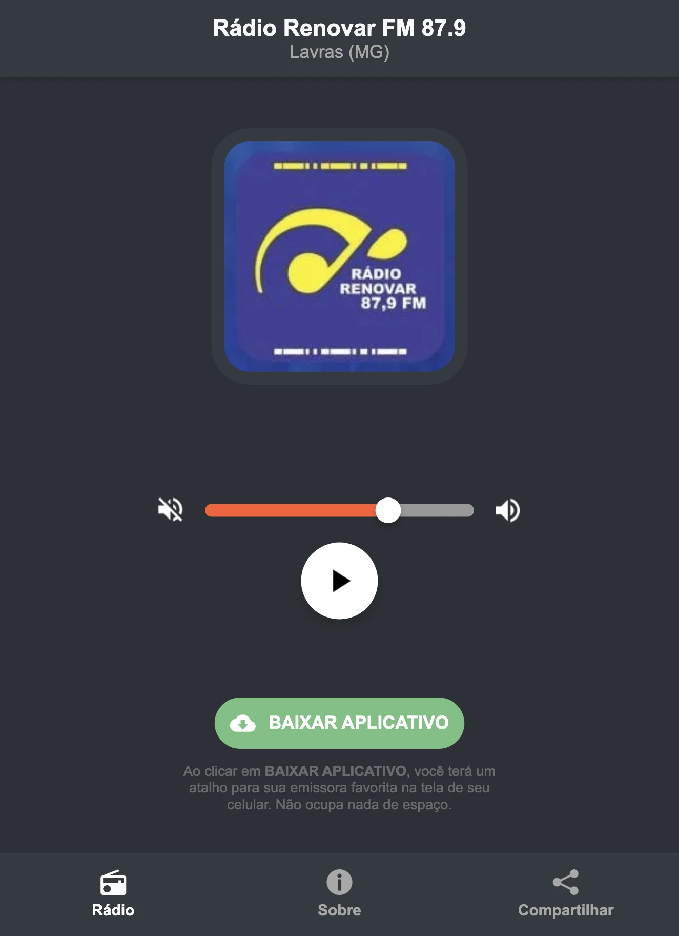 Screenshot do aplicativo da Rádio Renovar FM 87.9