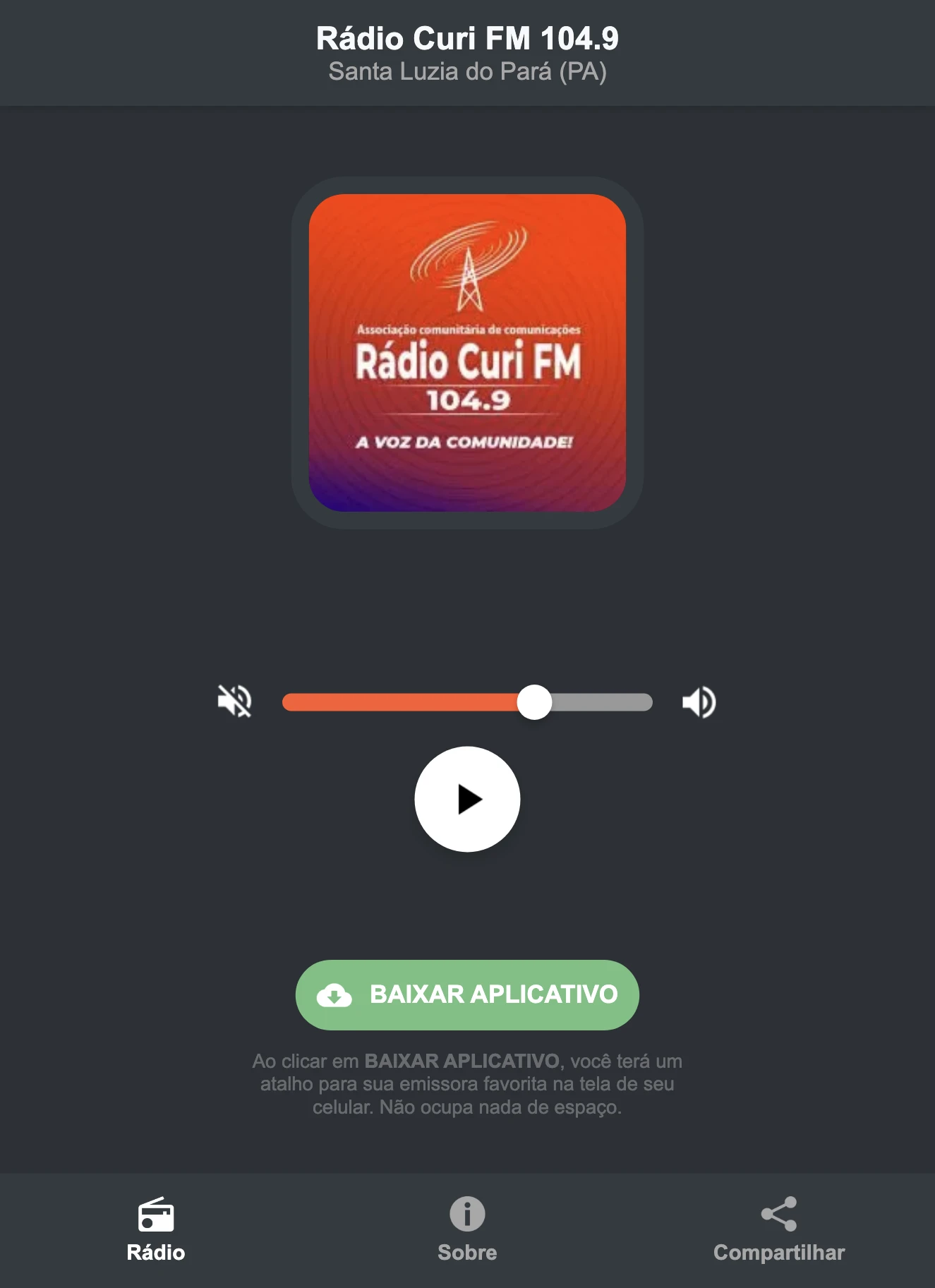 Screenshot do aplicativo da Rádio Curi FM 104.9