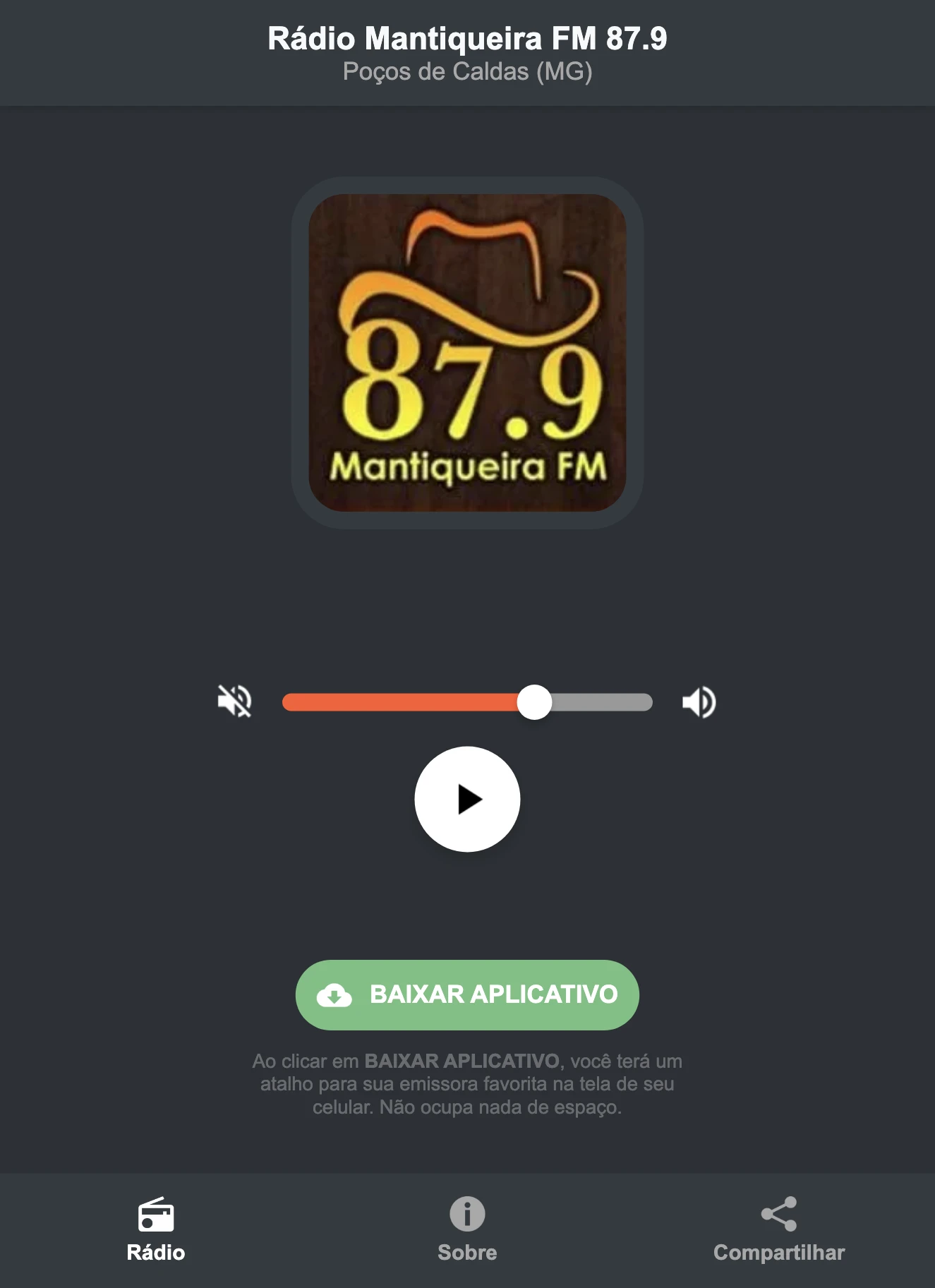Screenshot do aplicativo da Rádio Mantiqueira FM 87.9