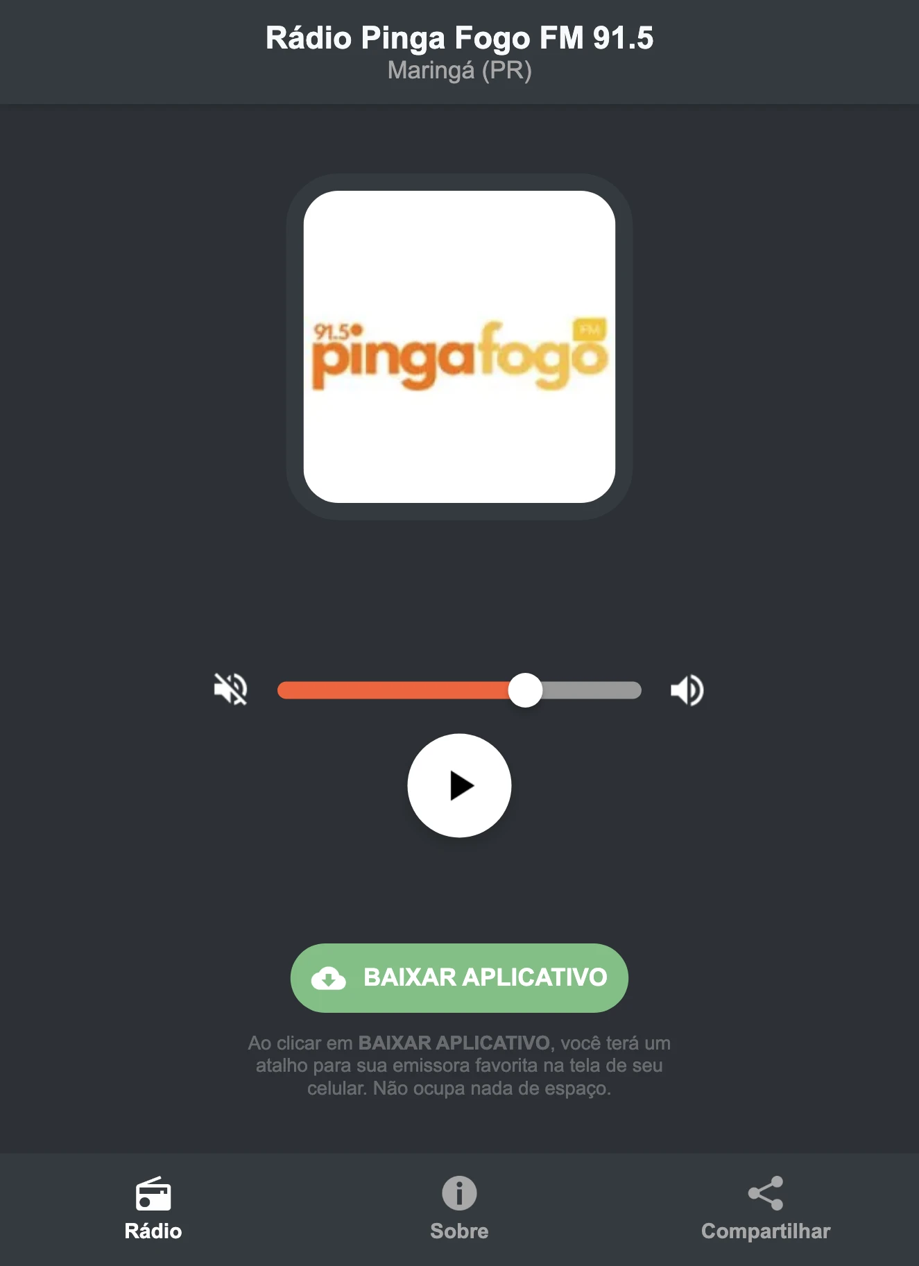 Screenshot do aplicativo da Rádio Pinga Fogo FM 91.5