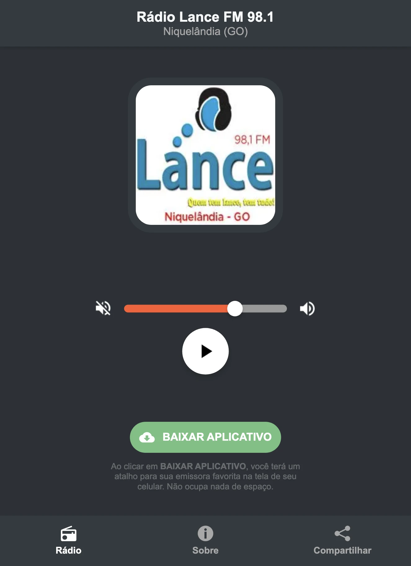 Screenshot do aplicativo da Rádio Lance FM 98.1
