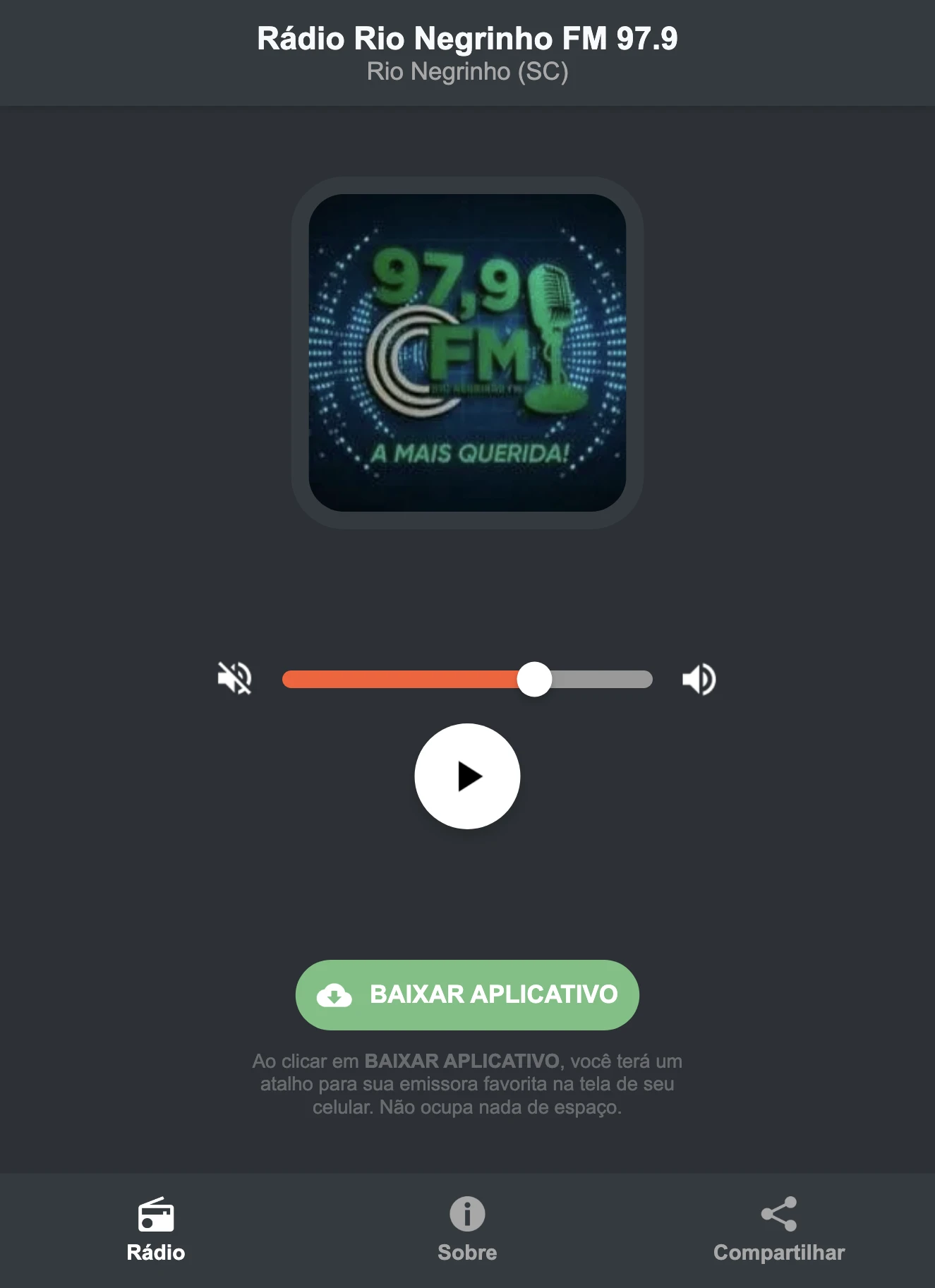Screenshot do aplicativo da Rádio Rio Negrinho FM 97.9