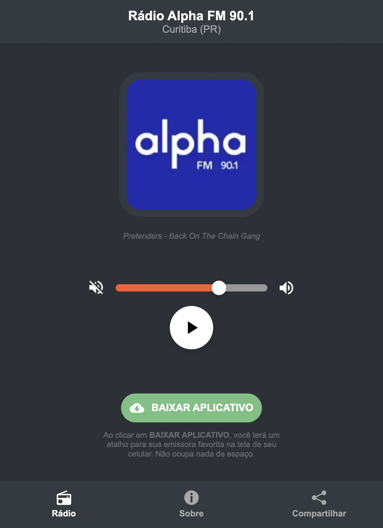 Screenshot do aplicativo da Rádio Alpha FM 90.1
