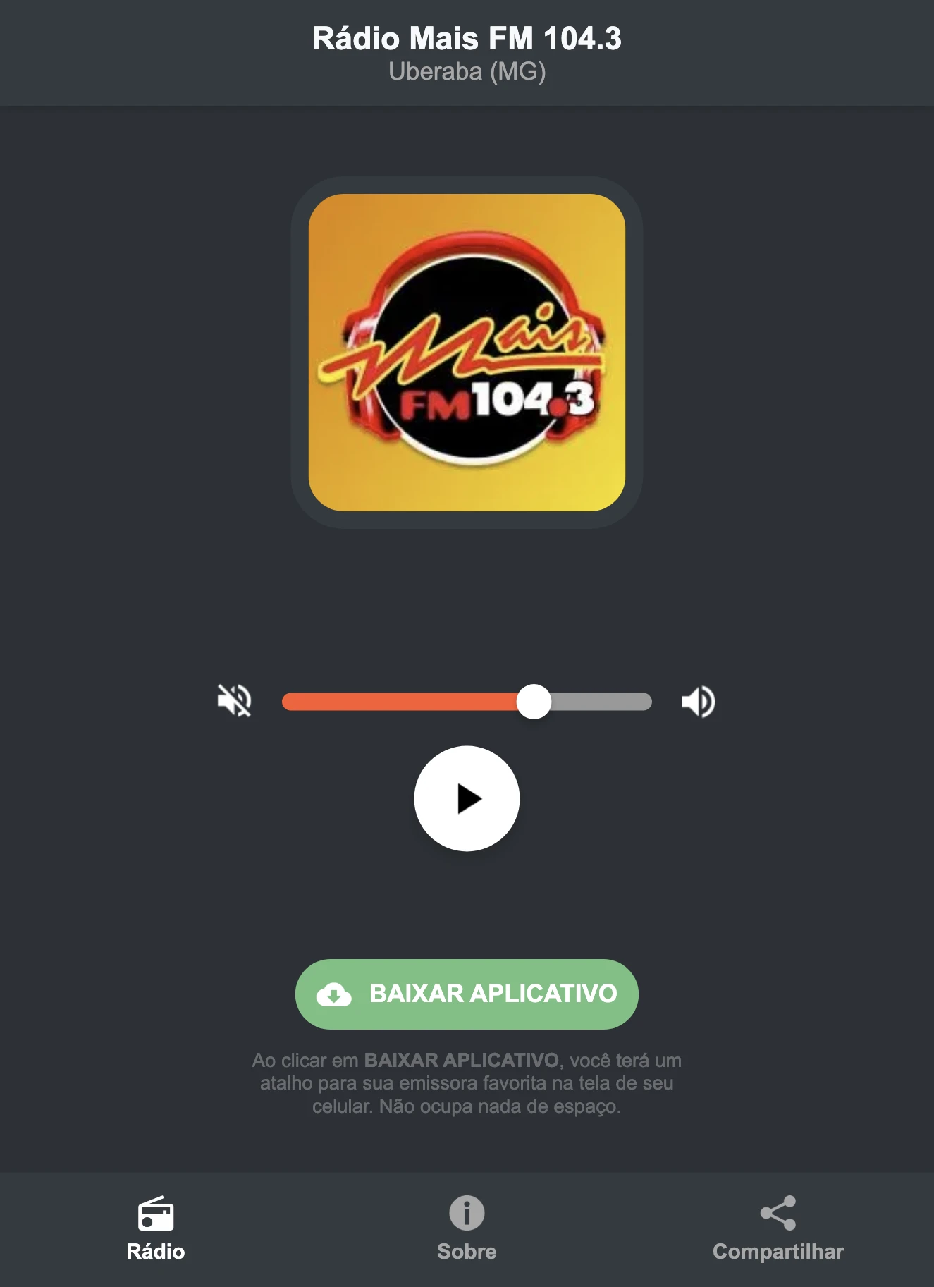 Screenshot do aplicativo da Rádio Mais FM 104.3
