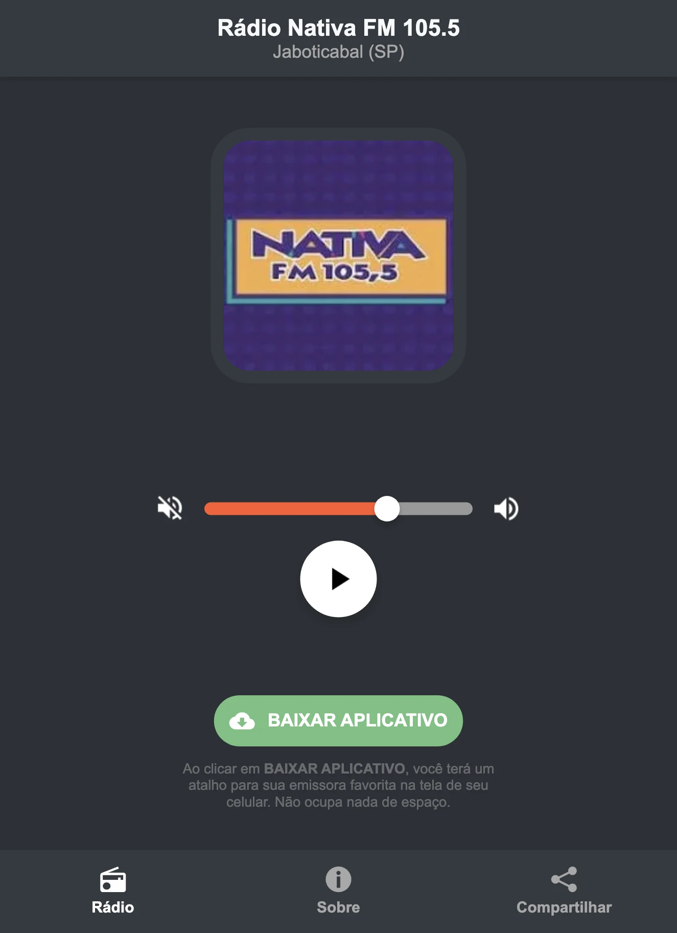 Screenshot do aplicativo da Rádio Nativa FM 105.5