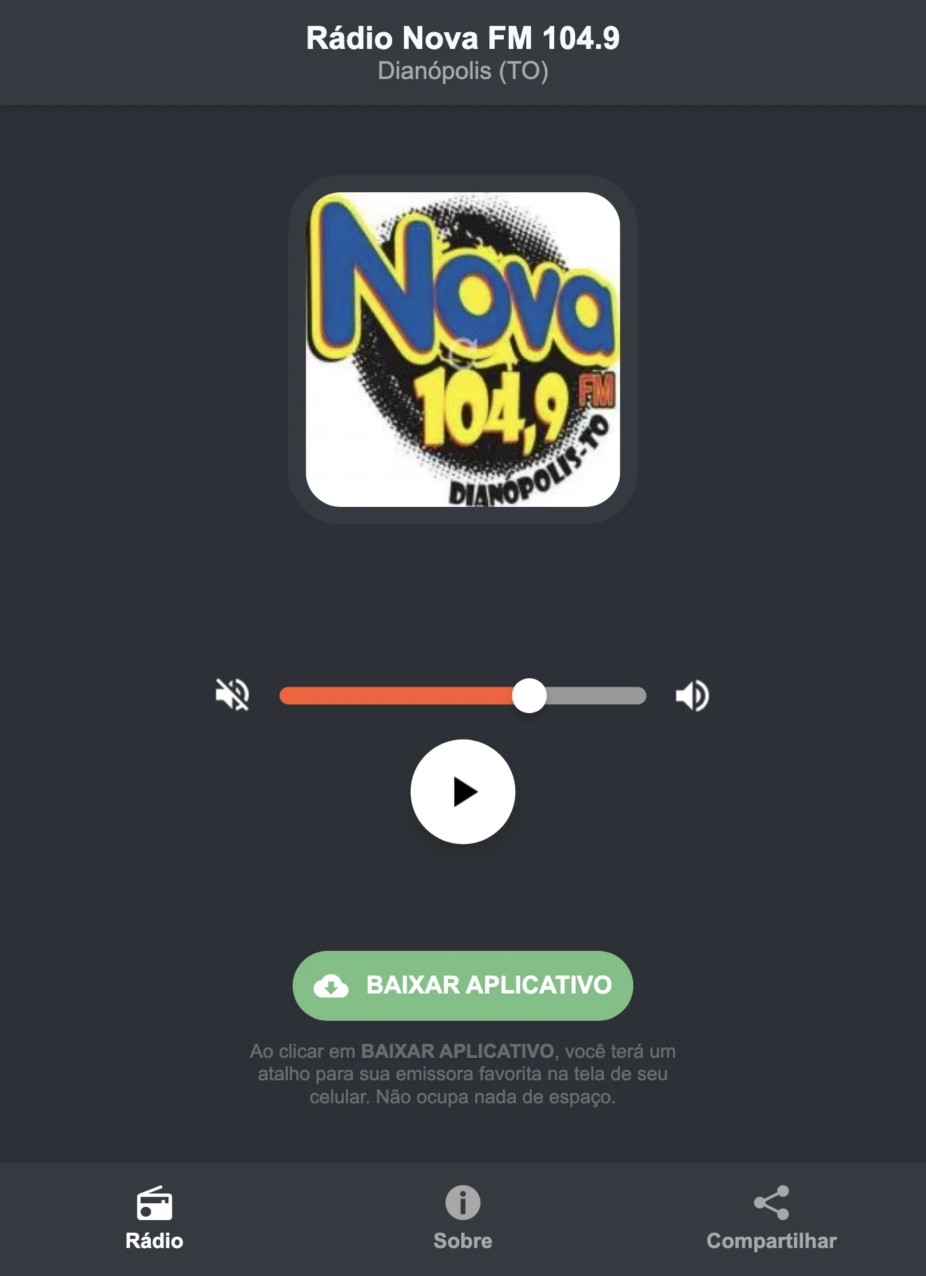 Screenshot do aplicativo da Rádio Nova FM 104.9