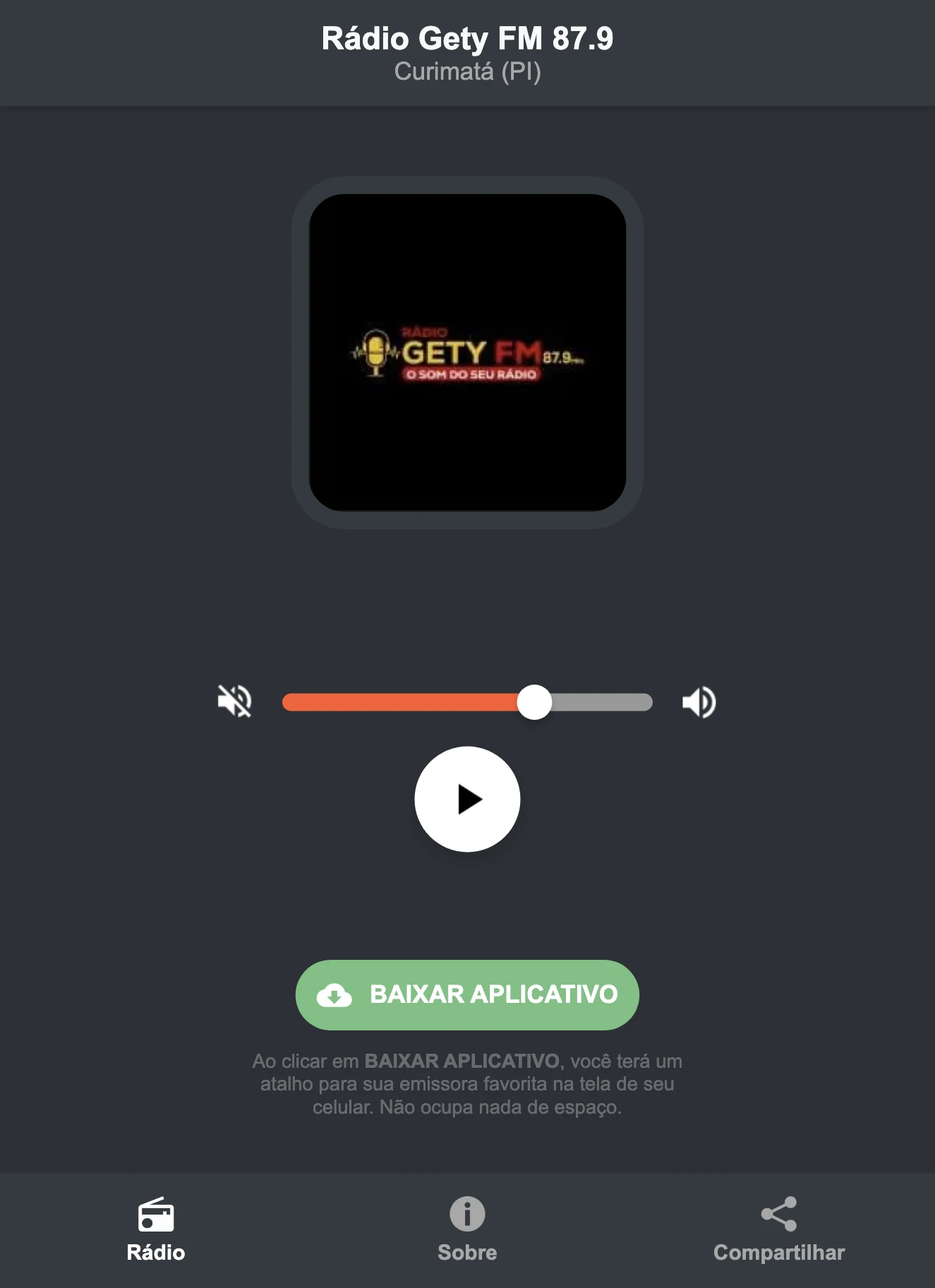 Screenshot do aplicativo da Rádio Gety FM 87.9
