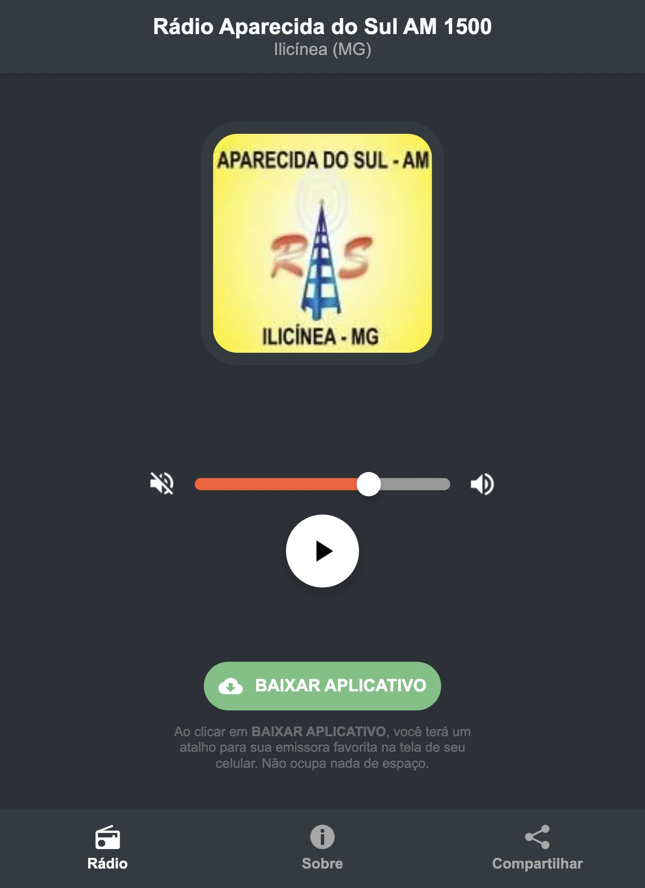 Screenshot do aplicativo da Rádio Aparecida do Sul AM 1500