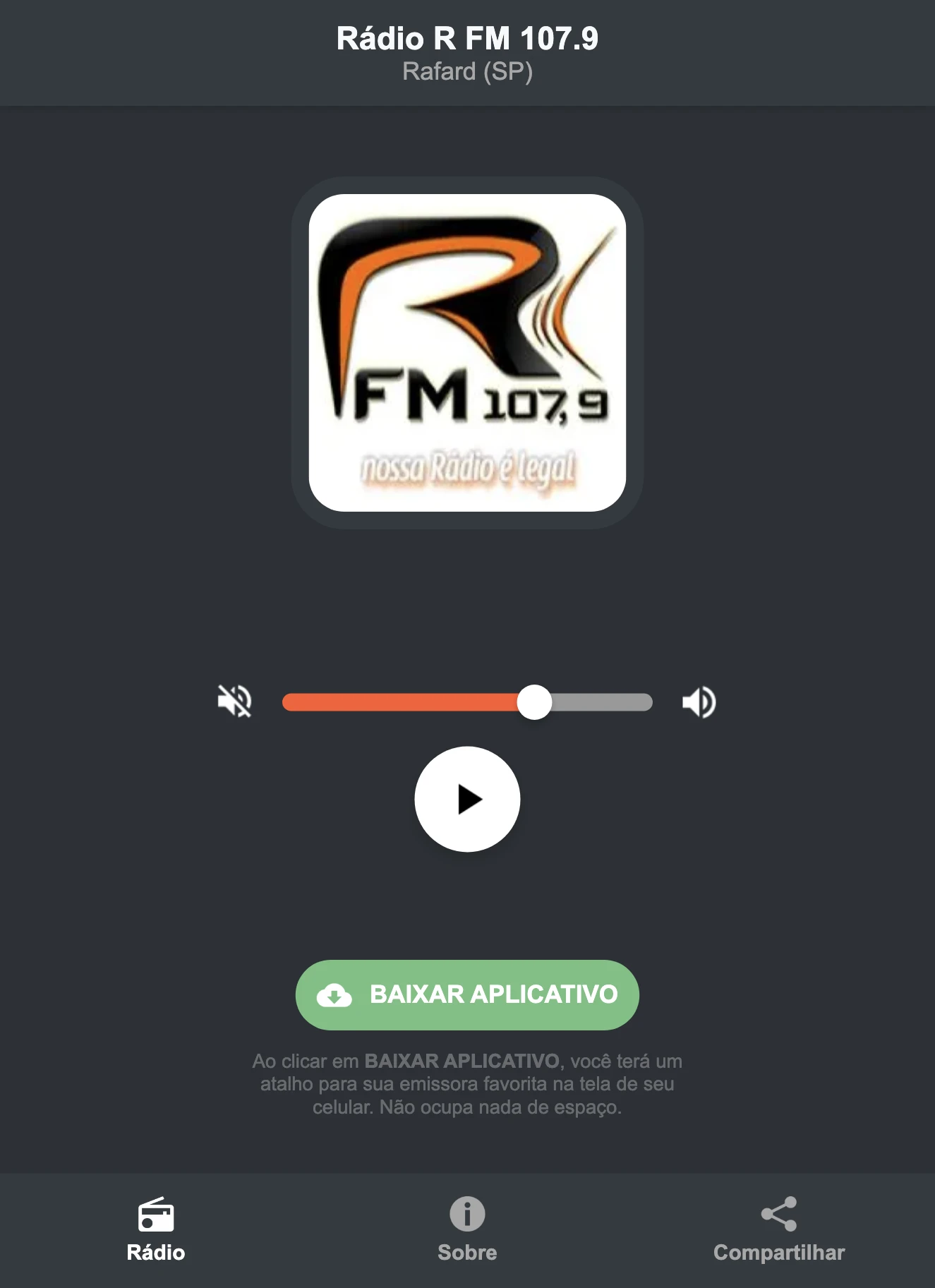 Screenshot do aplicativo da Rádio R FM 107.9