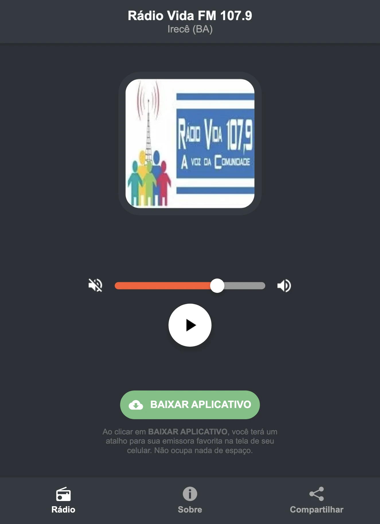 Screenshot do aplicativo da Rádio Vida FM 107.9