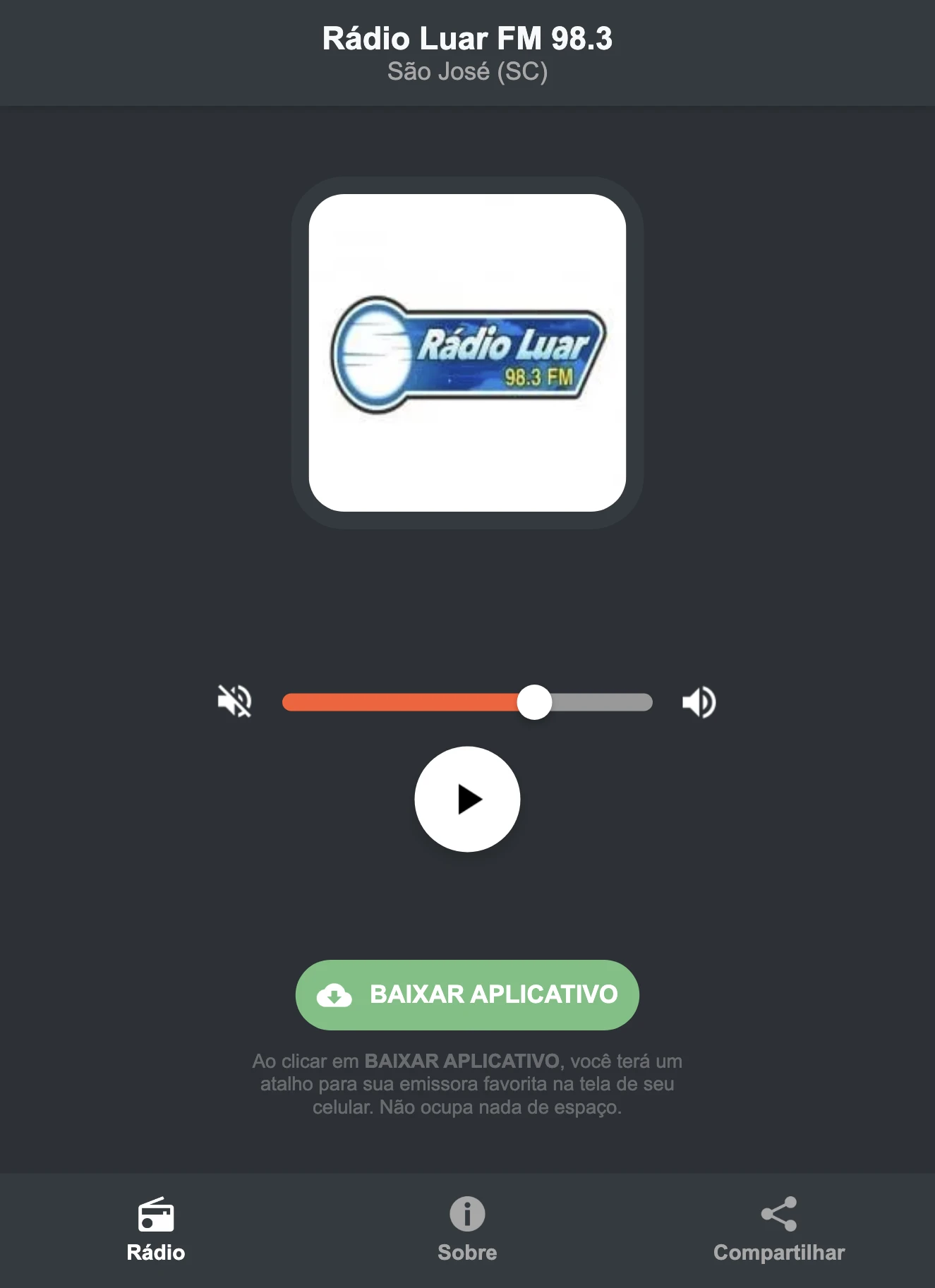 Screenshot do aplicativo da Rádio Luar FM 98.3