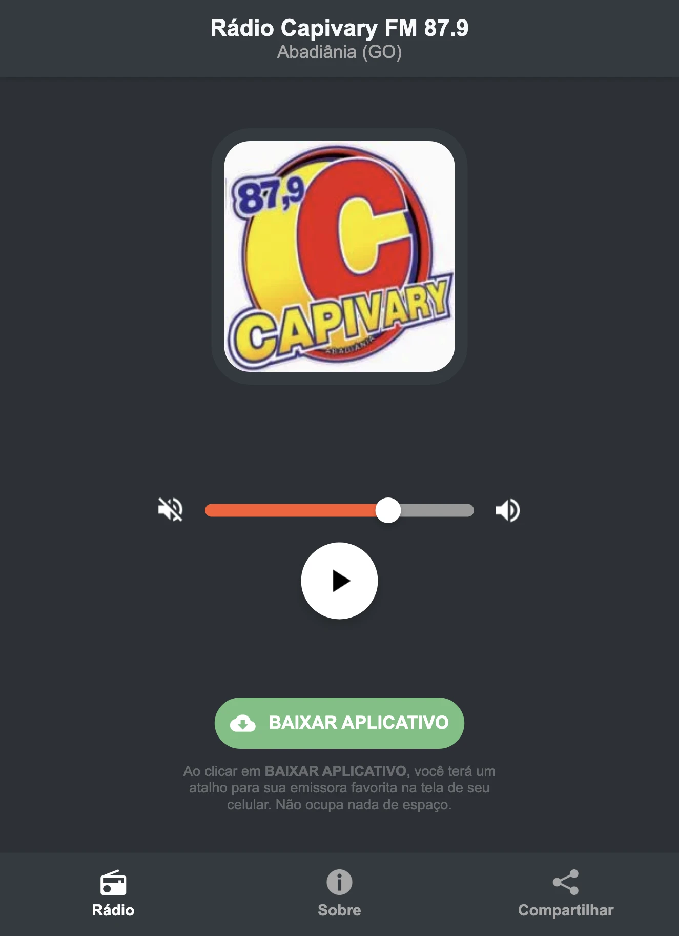 Screenshot do aplicativo da Rádio Capivary FM 87.9