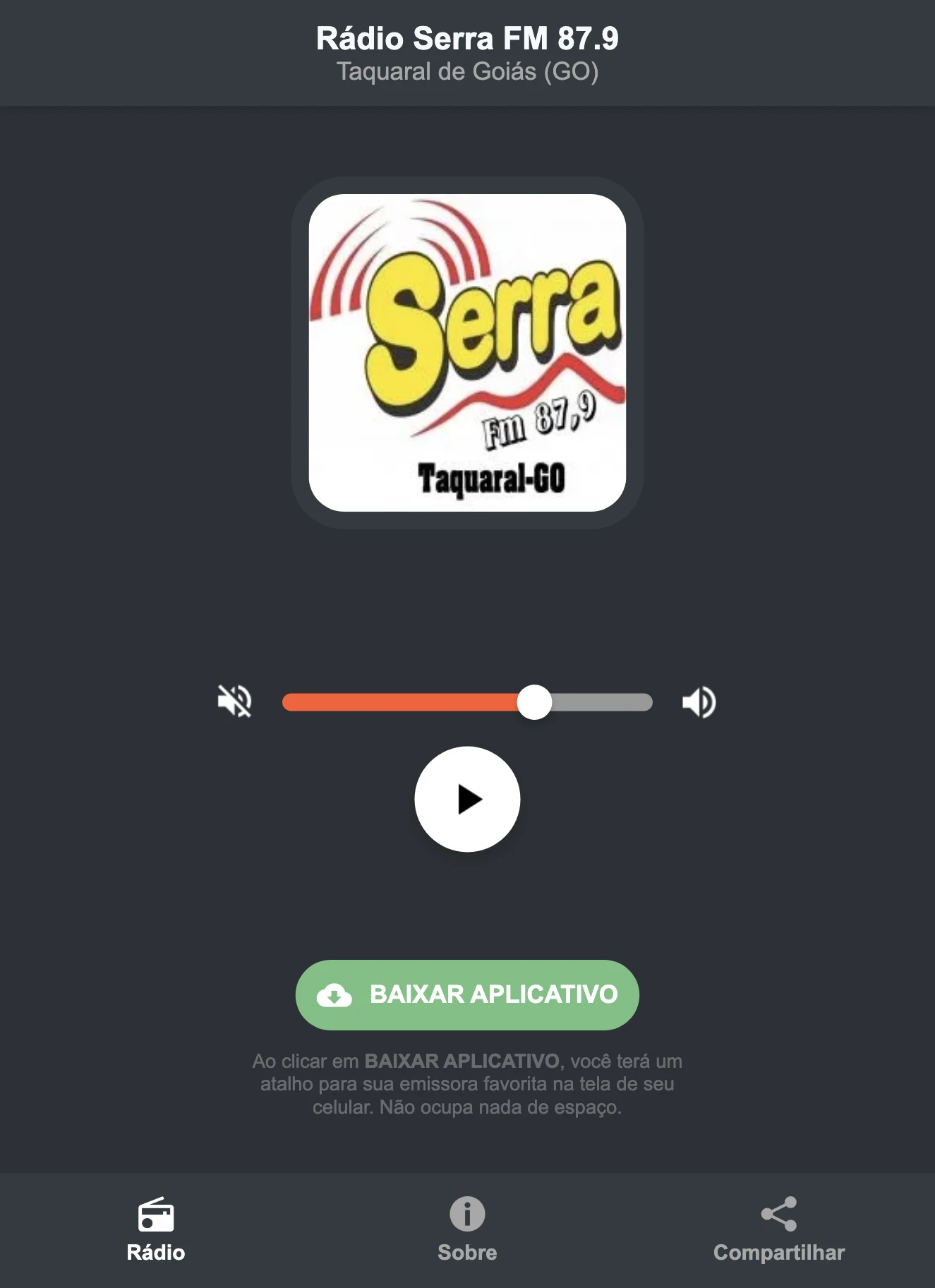 Screenshot do aplicativo da Rádio Serra FM 87.9