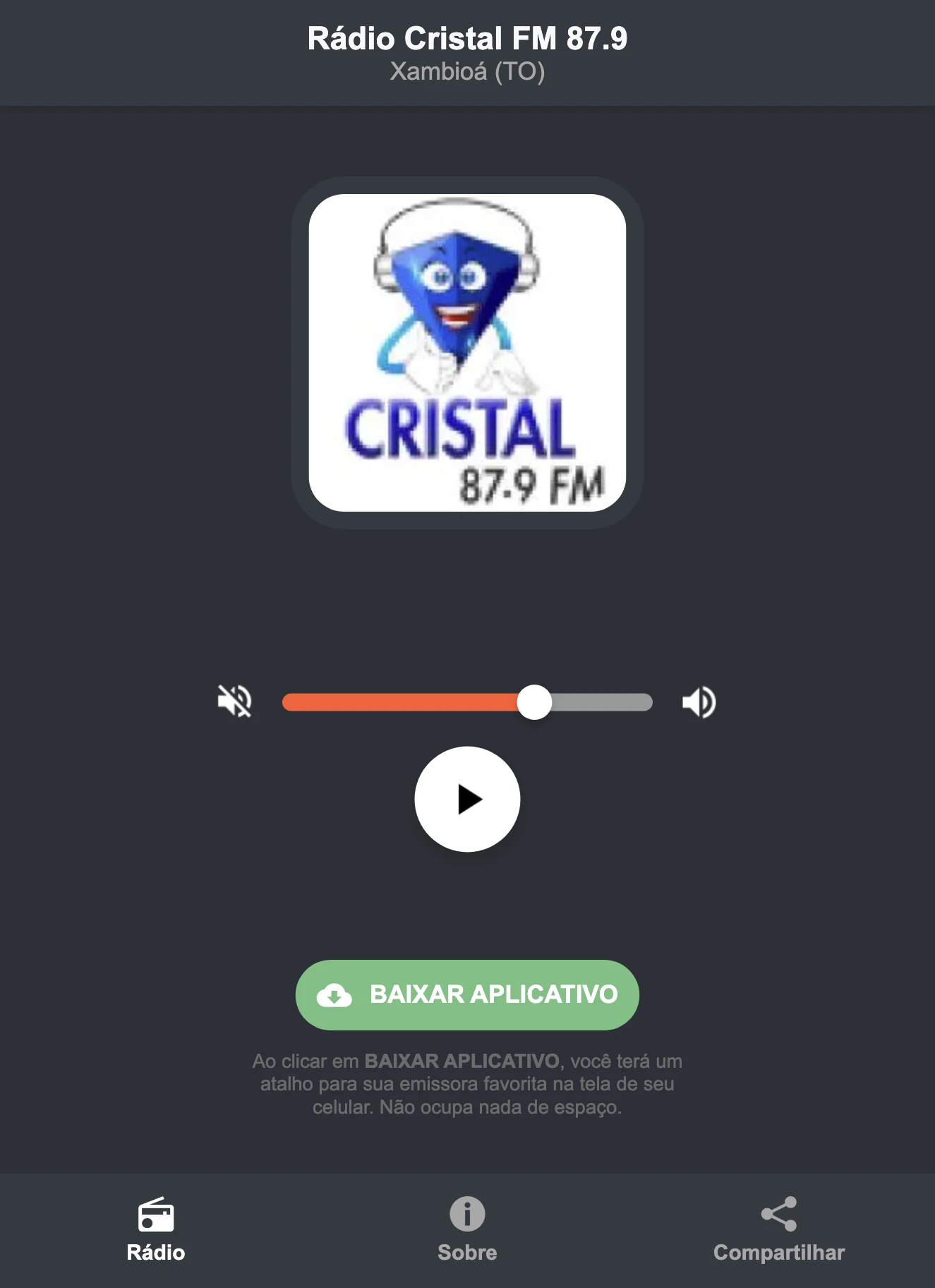 Screenshot do aplicativo da Rádio Cristal FM 87.9