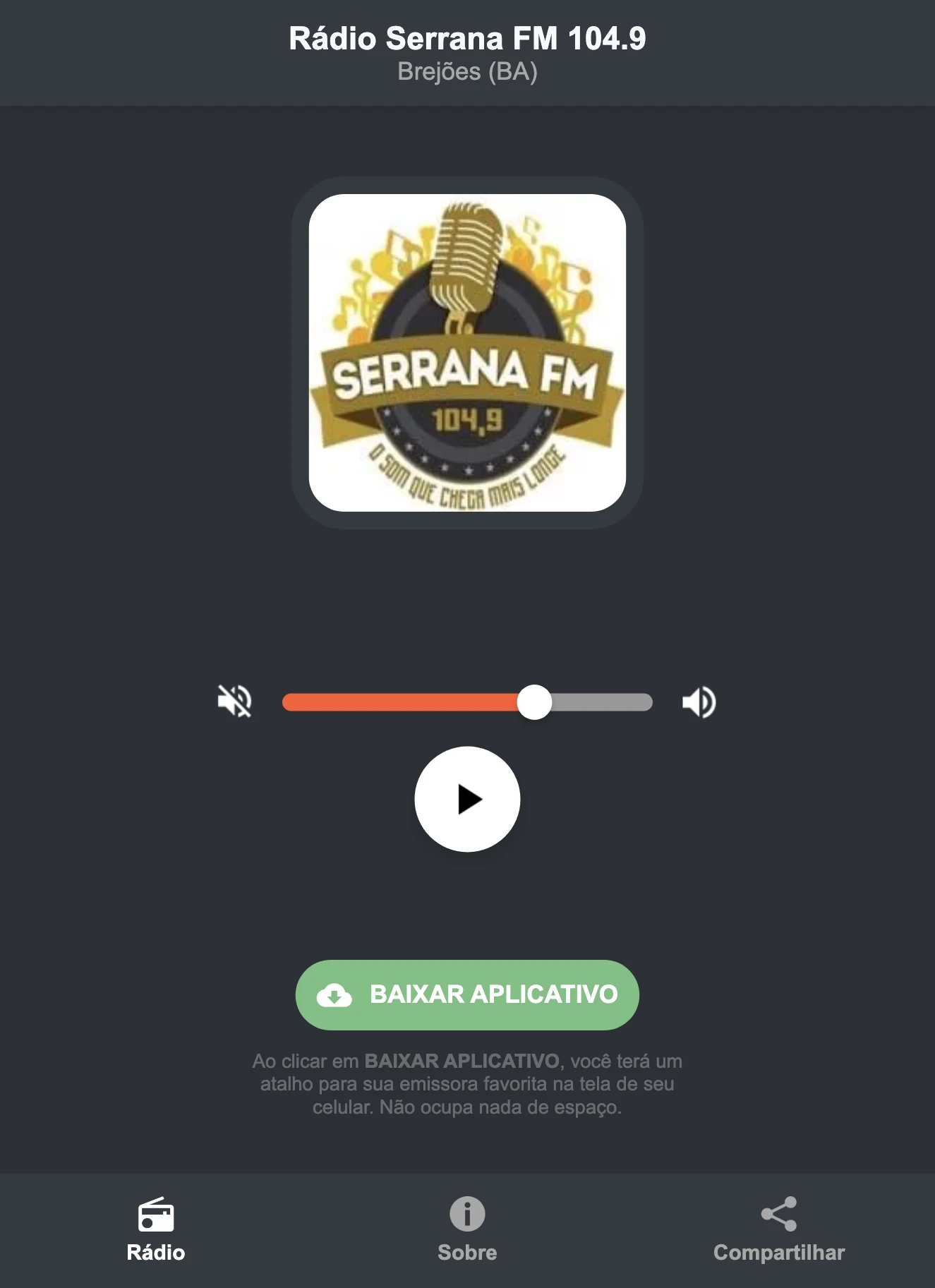 Screenshot do aplicativo da Rádio Serrana FM 104.9