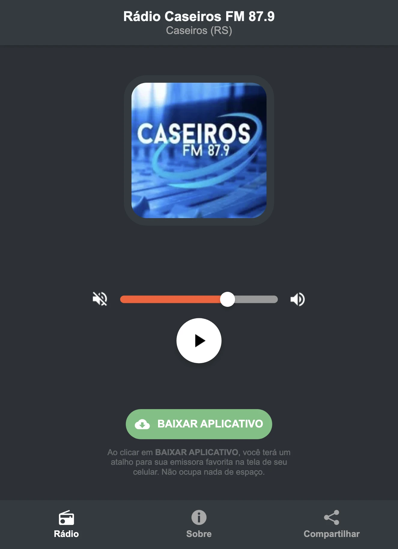 Screenshot do aplicativo da Rádio Caseiros FM 87.9