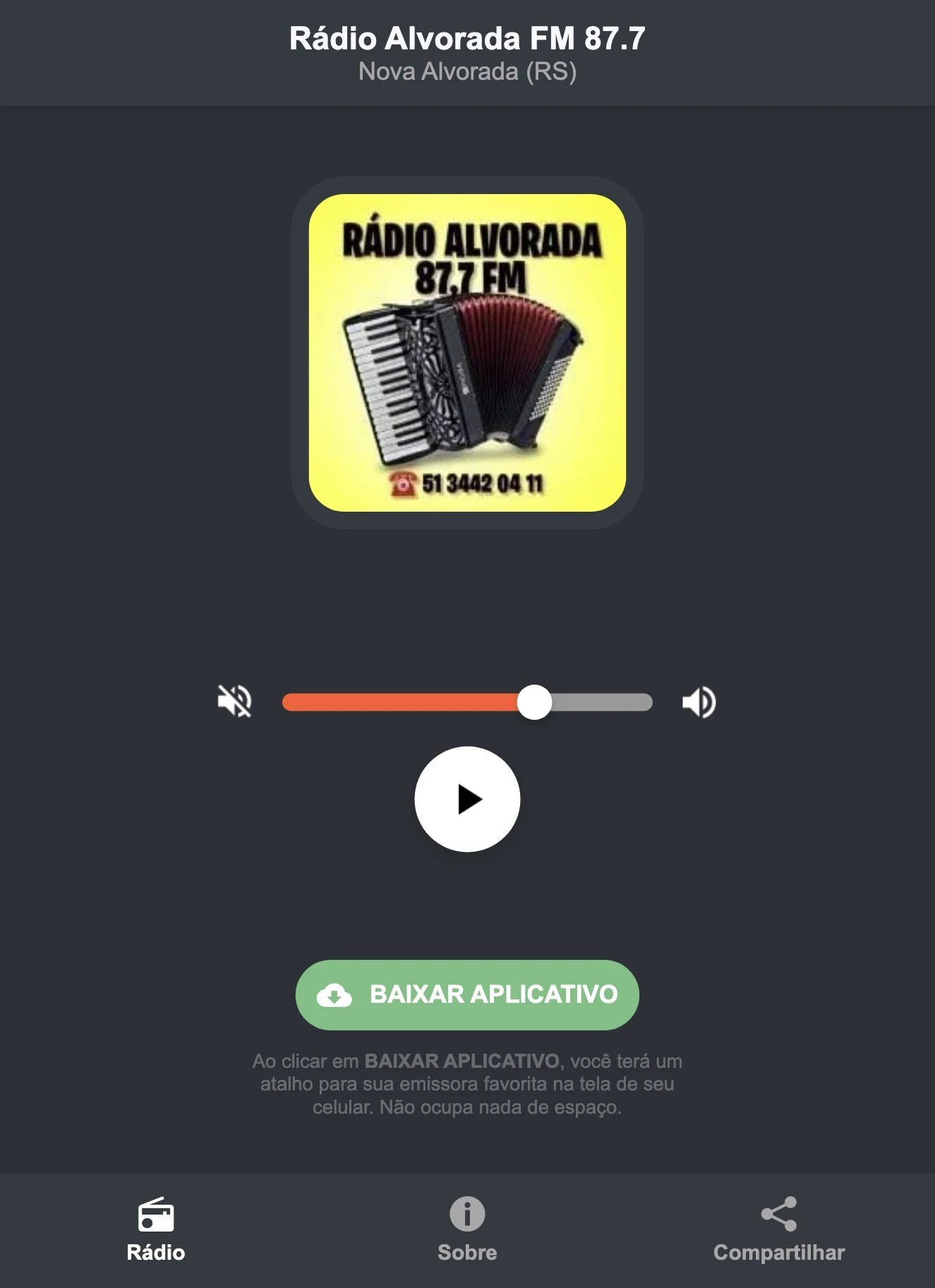 Screenshot do aplicativo da Rádio Alvorada FM 87.7