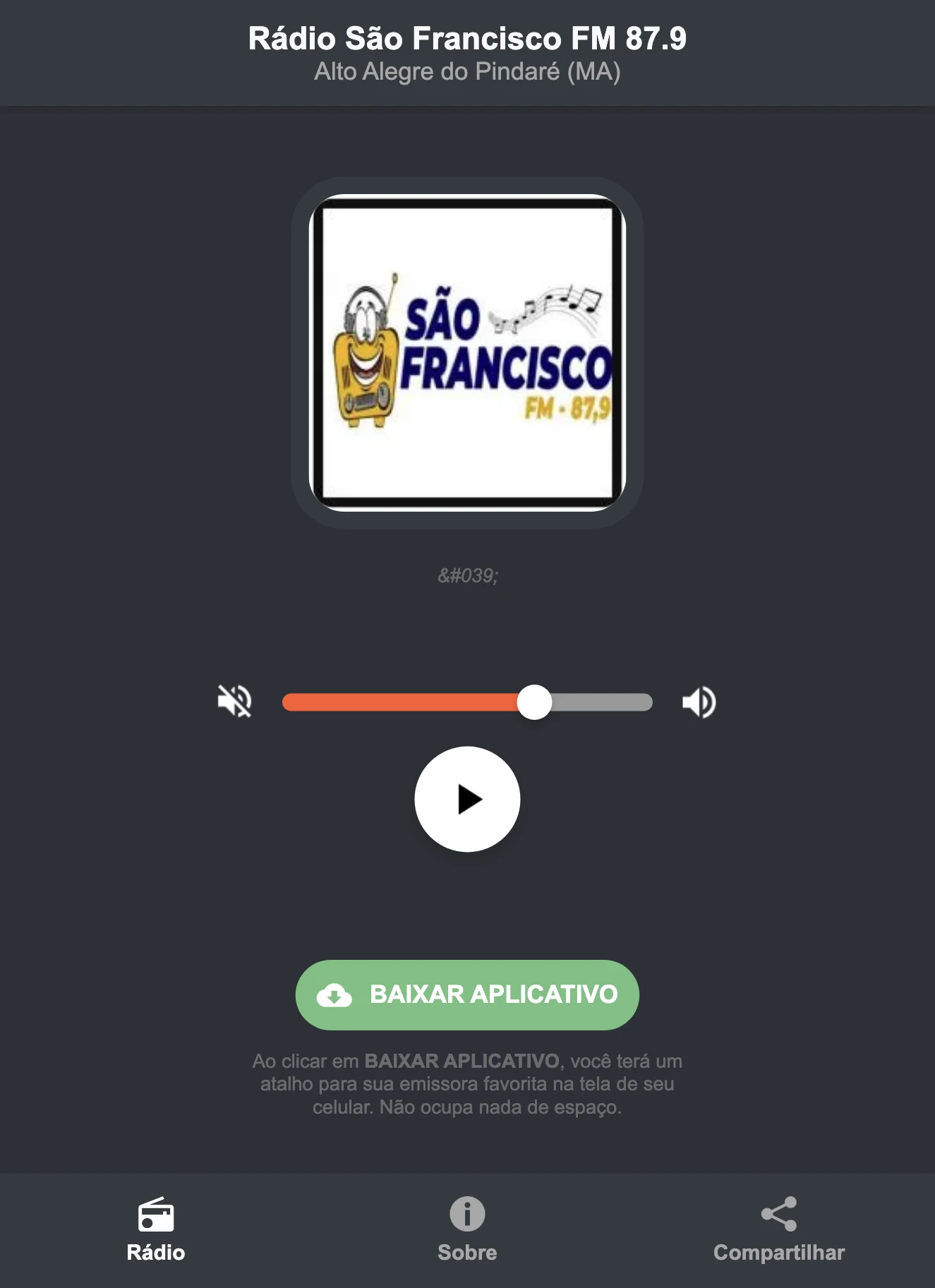 Screenshot do aplicativo da Rádio São Francisco FM 87.9