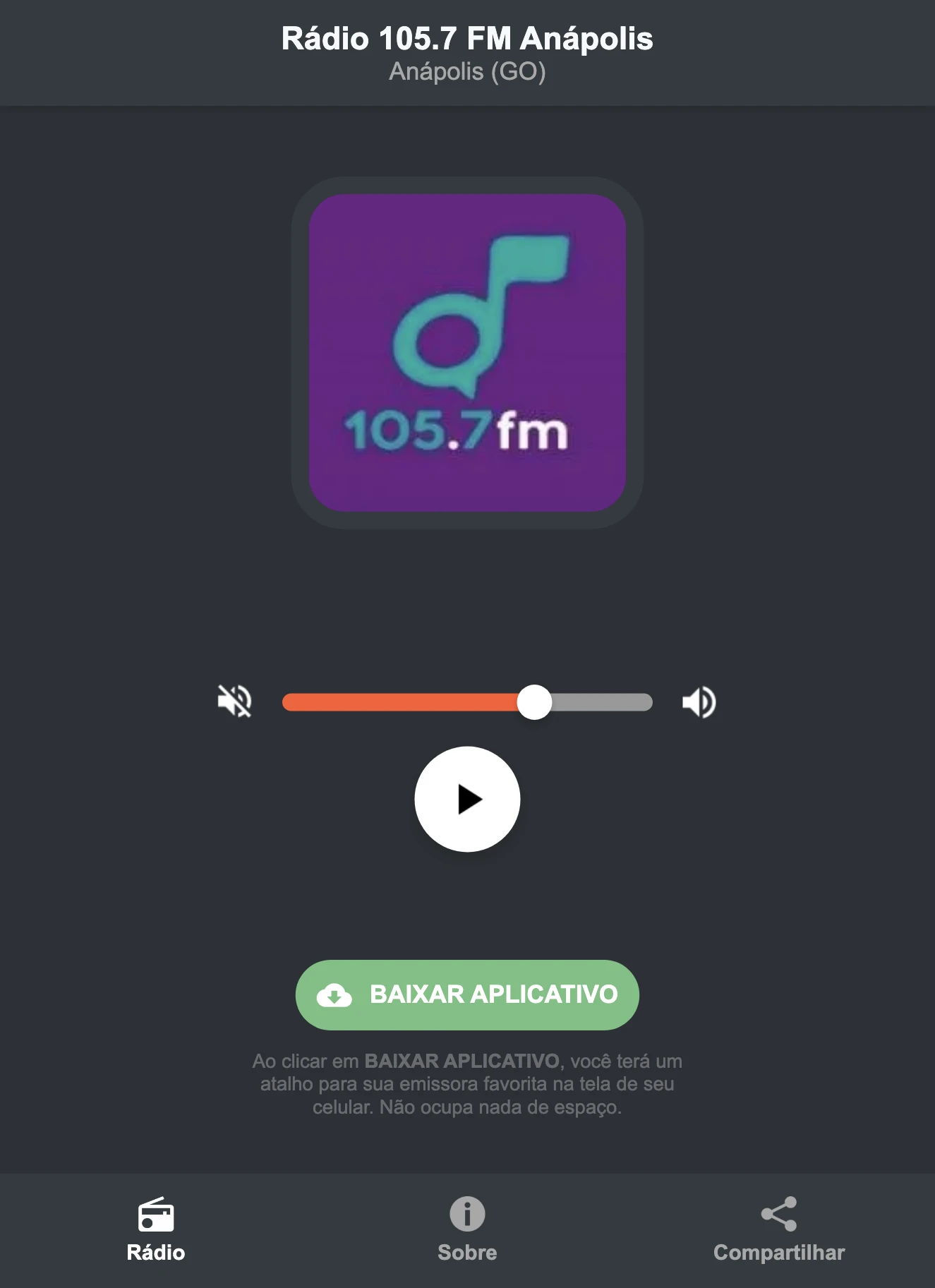 Screenshot do aplicativo da Rádio 105.7 FM Anápolis