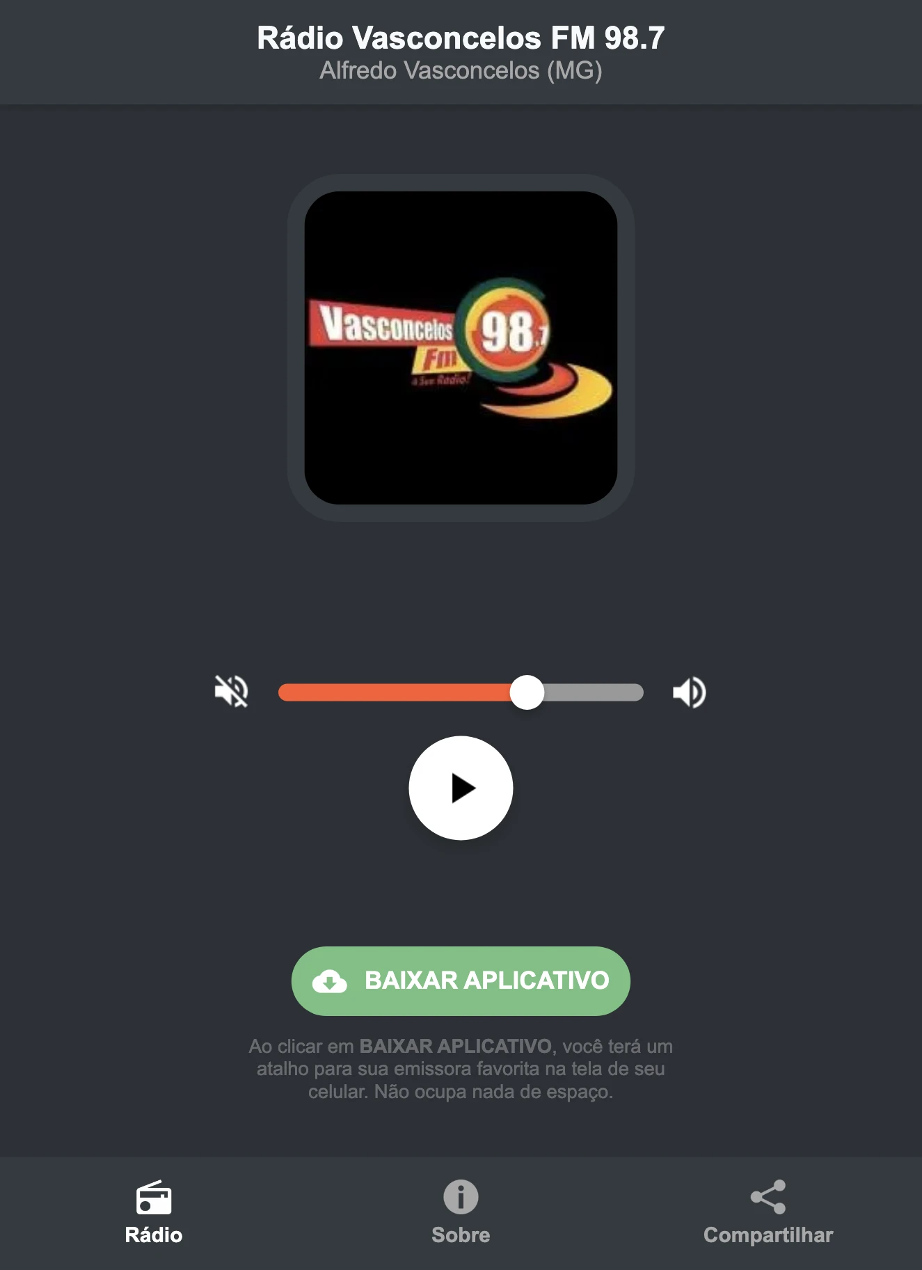 Screenshot do aplicativo da Rádio Vasconcelos FM 98.7