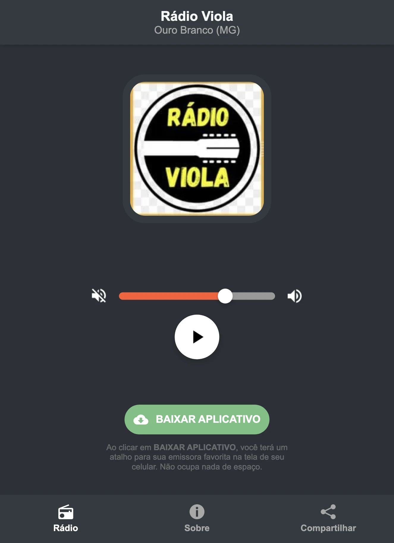 Screenshot do aplicativo da Rádio Viola